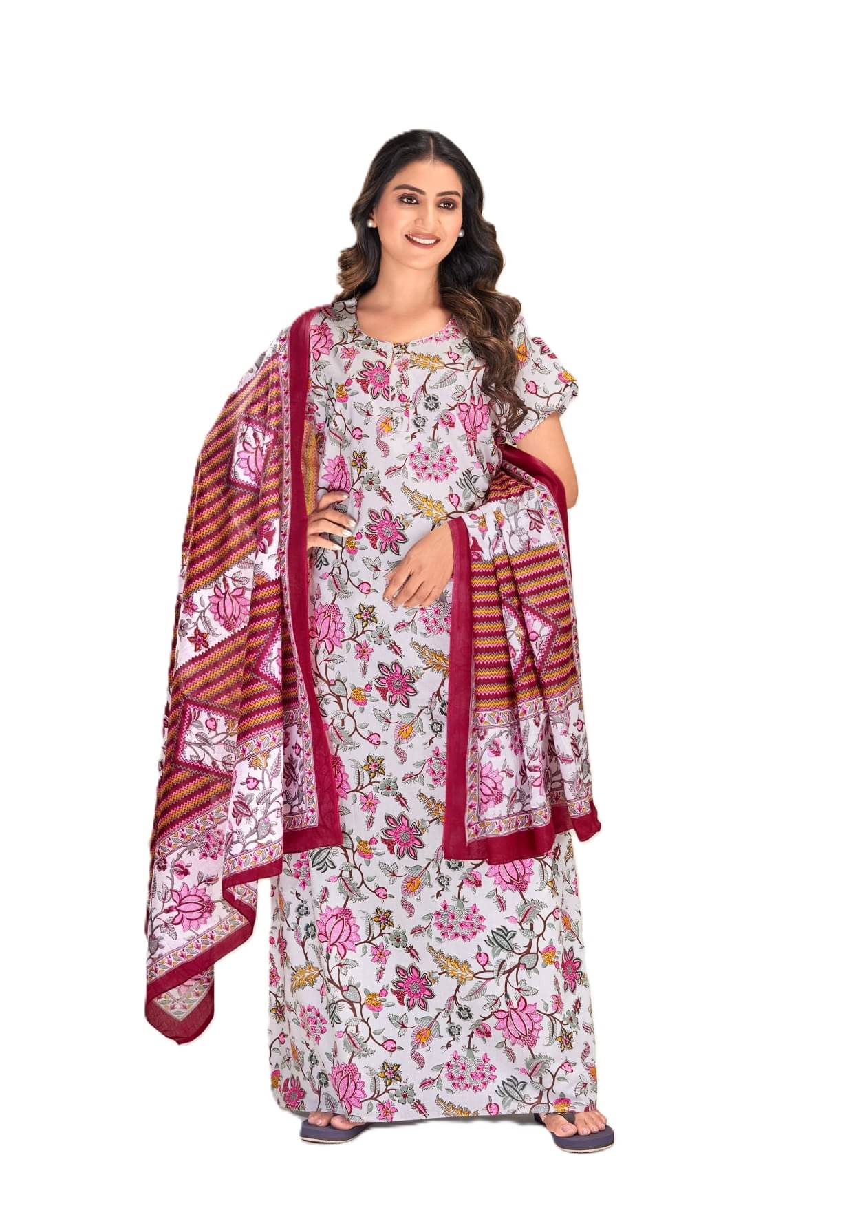     			Nighty with dupatta Cotton Printed Women Regular Nighty ( White )