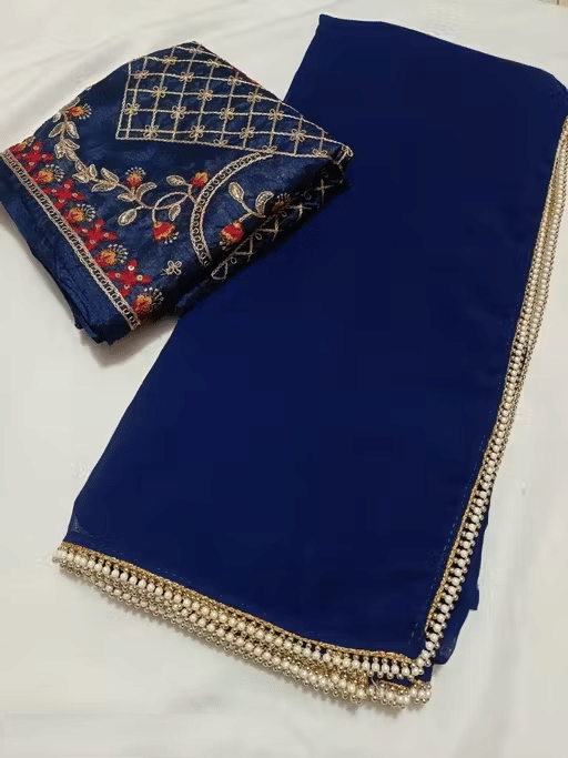     			PARVANYA FASHION HUB Georgette Embroidered Regular Saree With Unstitched Blouse Piece ( Blue )