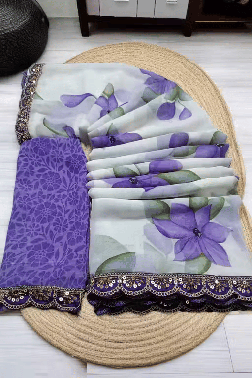     			PARVANYA FASHION HUB Georgette Printed Regular Saree With Unstitched Blouse Piece ( Purple )