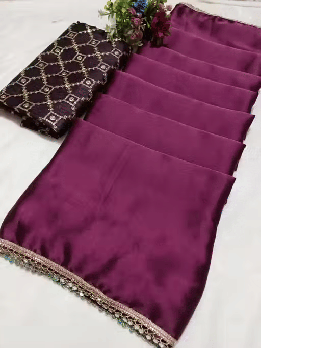 PARVANYA FASHION HUB Satin Solid Regular Saree With Unstitched Blouse Piece ( Wine )     			PARVANYA FASHION HUB Satin Solid Regular Saree With Unstitched Blouse Piece ( Wine )