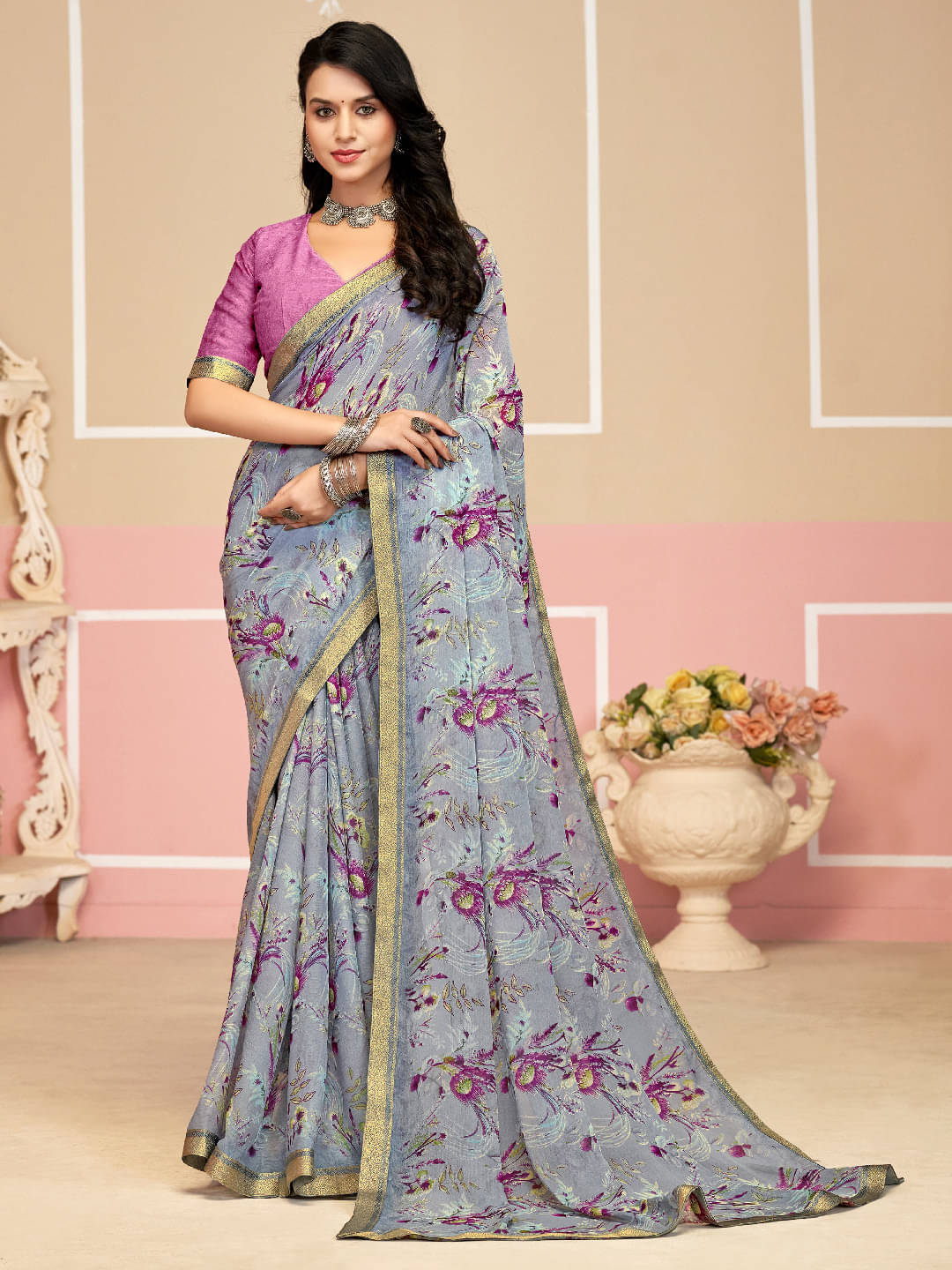     			Panbai sarees Chiffon Solid Regular Saree Without Blouse Piece ( Grey )