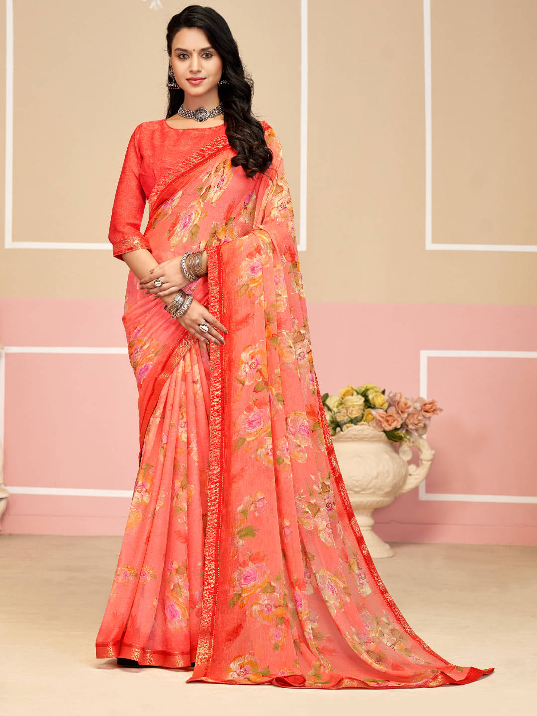     			Panbai sarees Chiffon Solid Regular Saree Without Blouse Piece ( Peach )