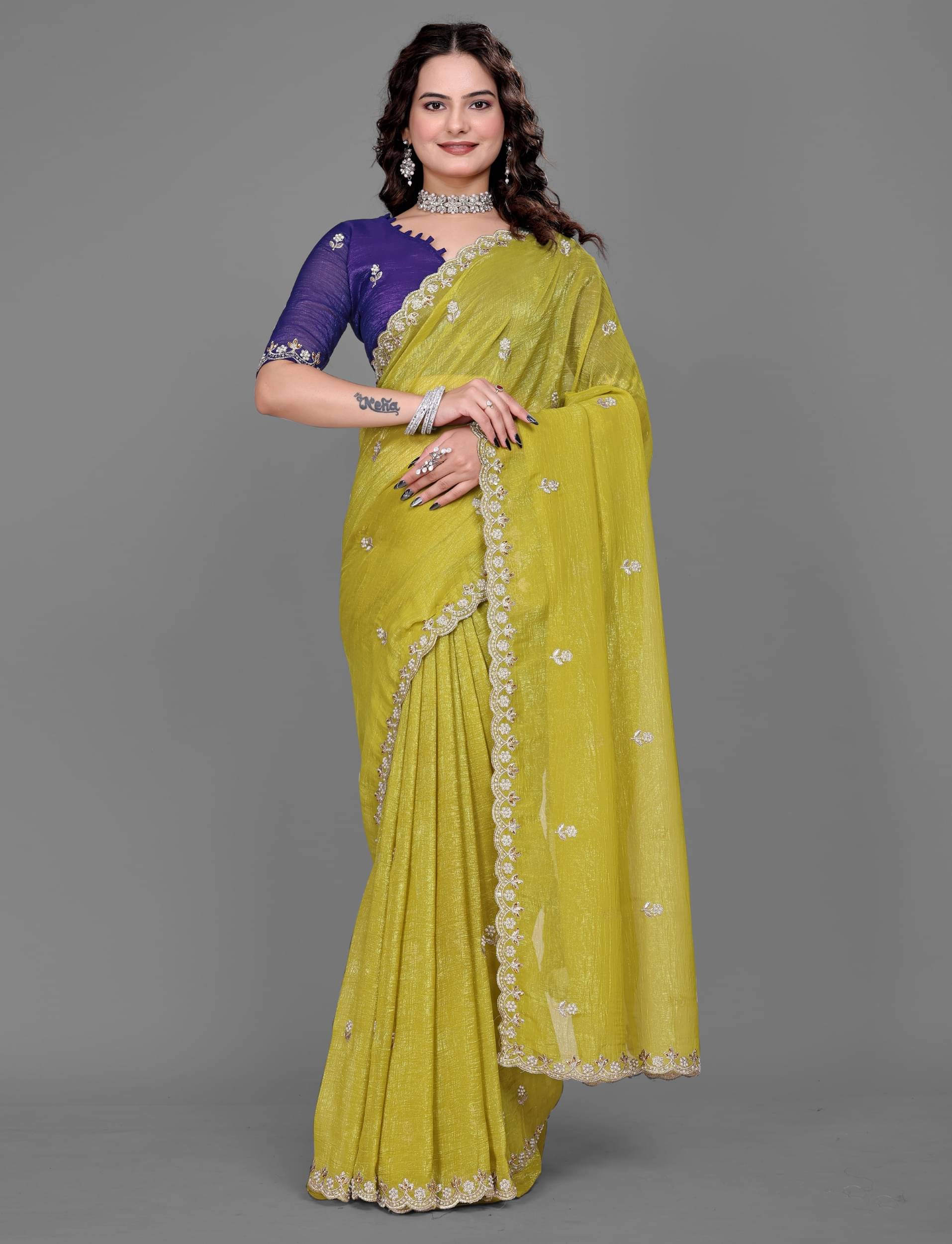     			Panbai sarees Chiffon Solid Regular Saree Without Blouse Piece ( Olive )