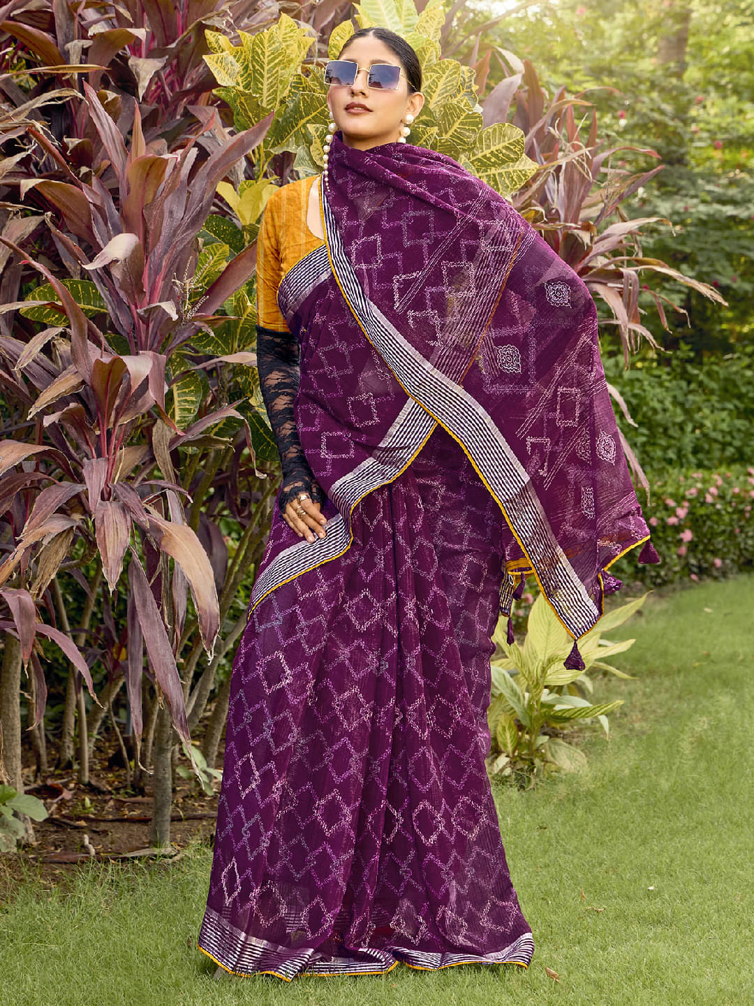     			Panbai sarees Chiffon Solid Regular Saree Without Blouse Piece ( Purple )