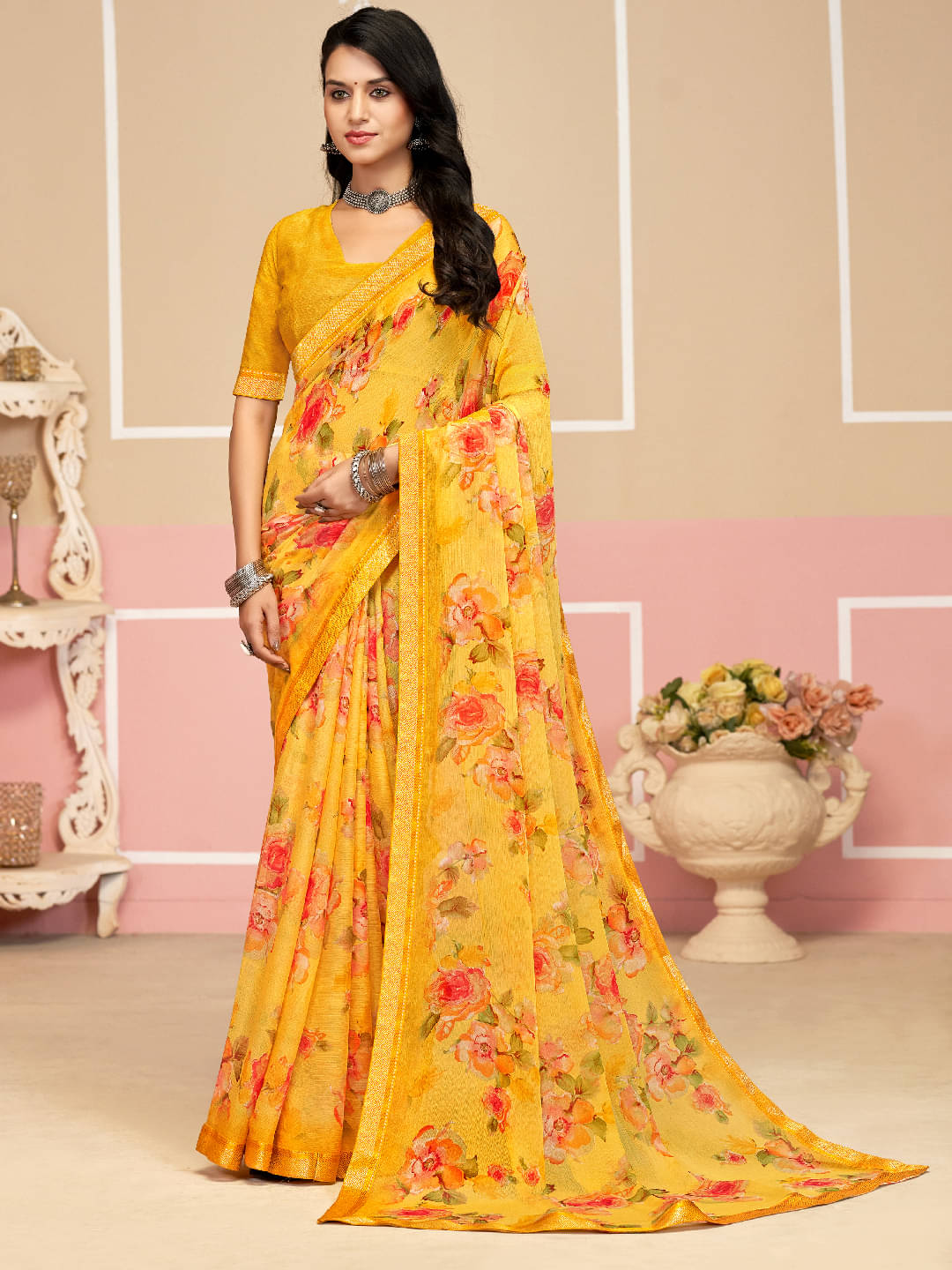     			Panbai sarees Chiffon Solid Regular Saree Without Blouse Piece ( Yellow )