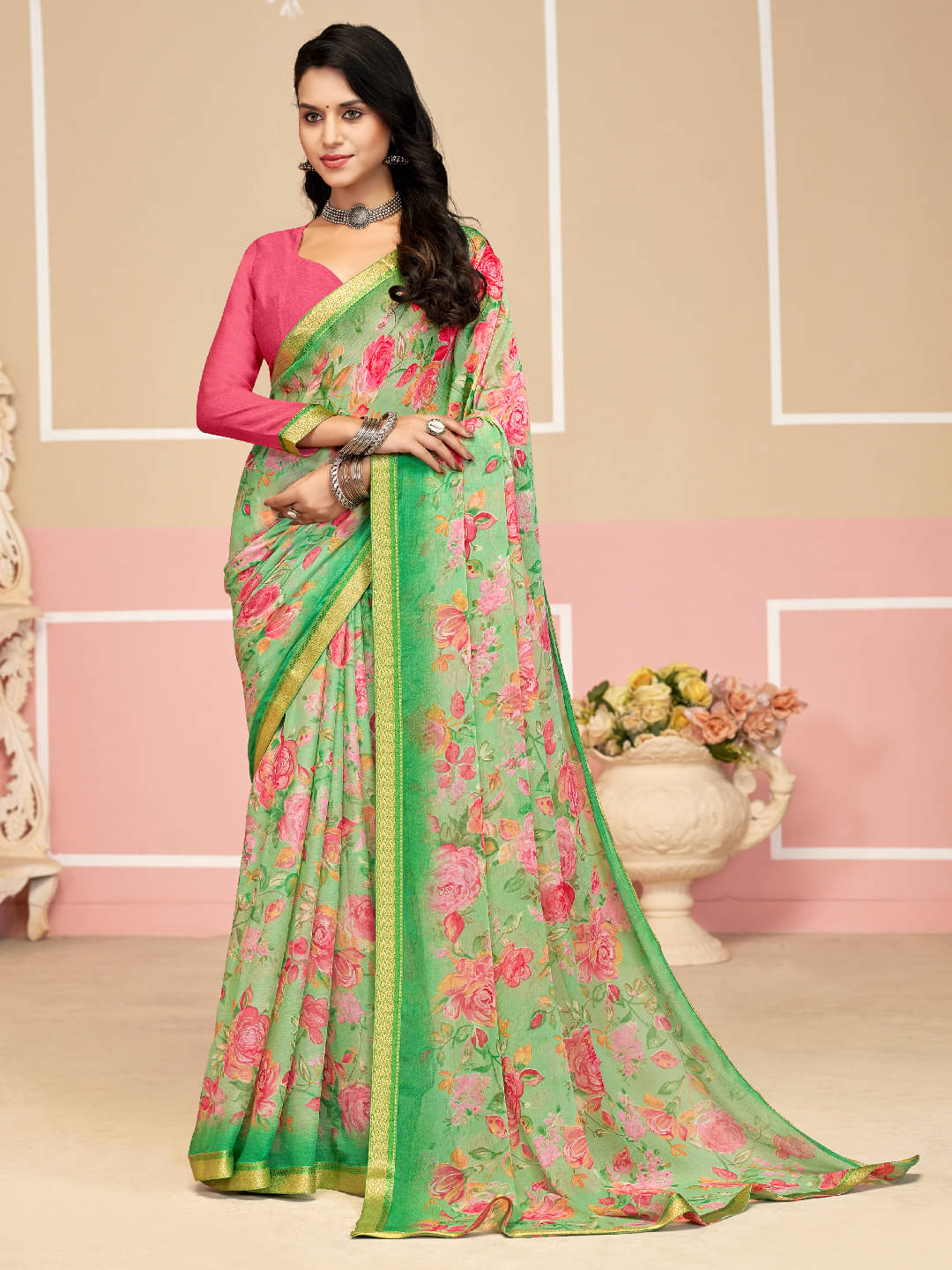     			Panbai sarees Chiffon Solid Regular Saree Without Blouse Piece ( Green )