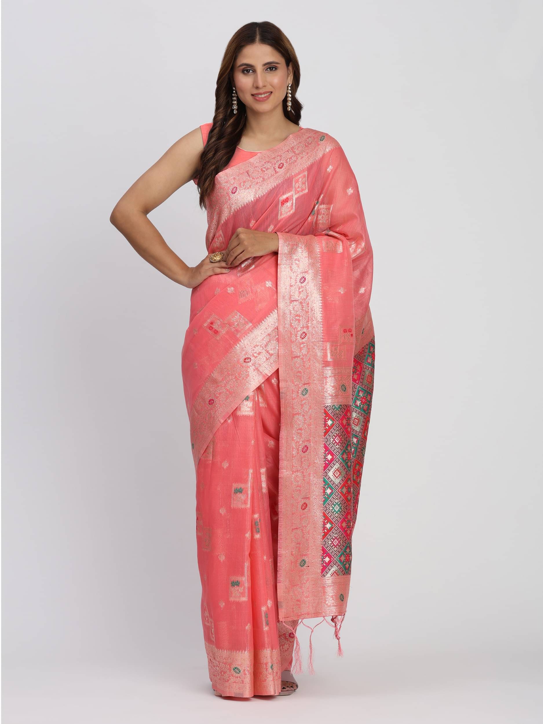     			Panbai sarees Cotton Solid Regular Saree Without Blouse Piece ( Peach )