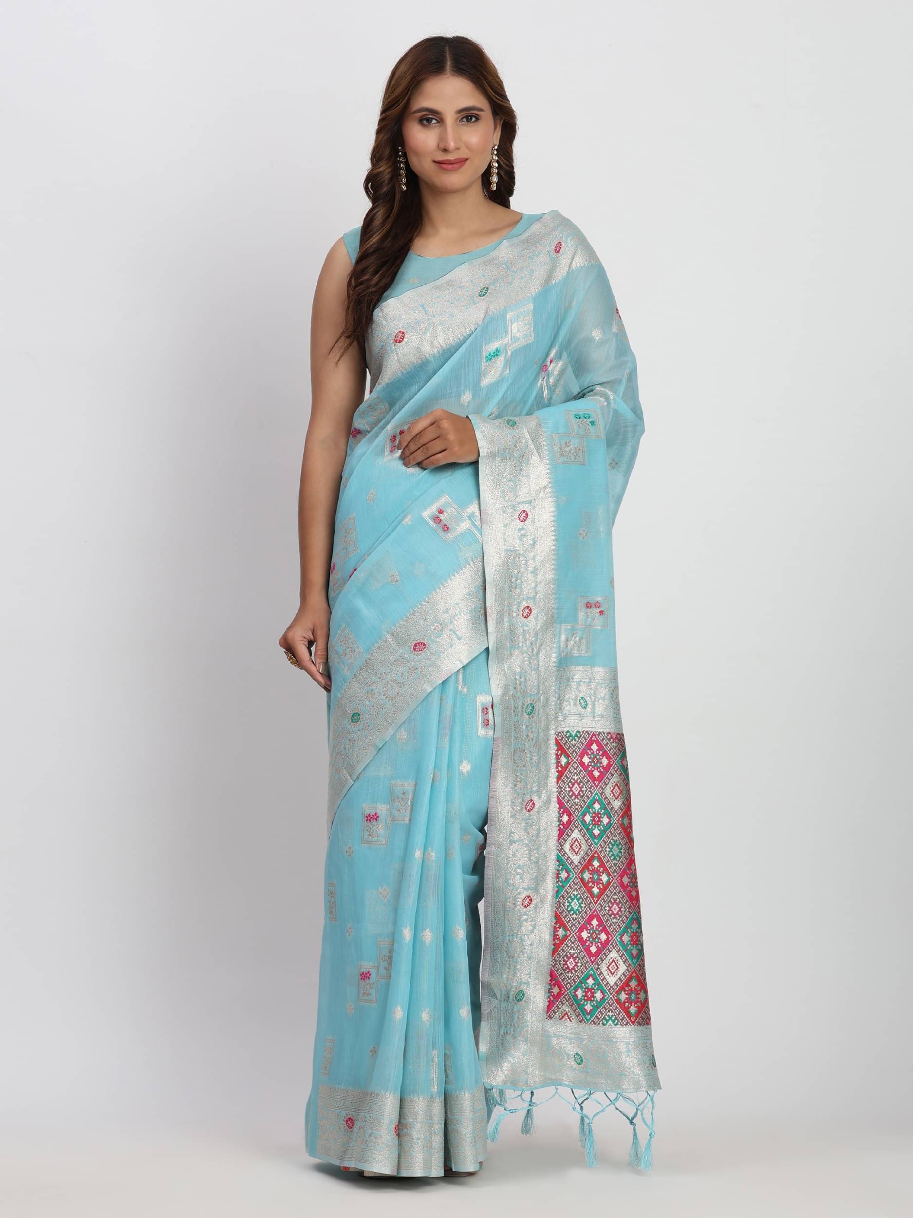     			Panbai sarees Cotton Solid Regular Saree Without Blouse Piece ( Light Blue )