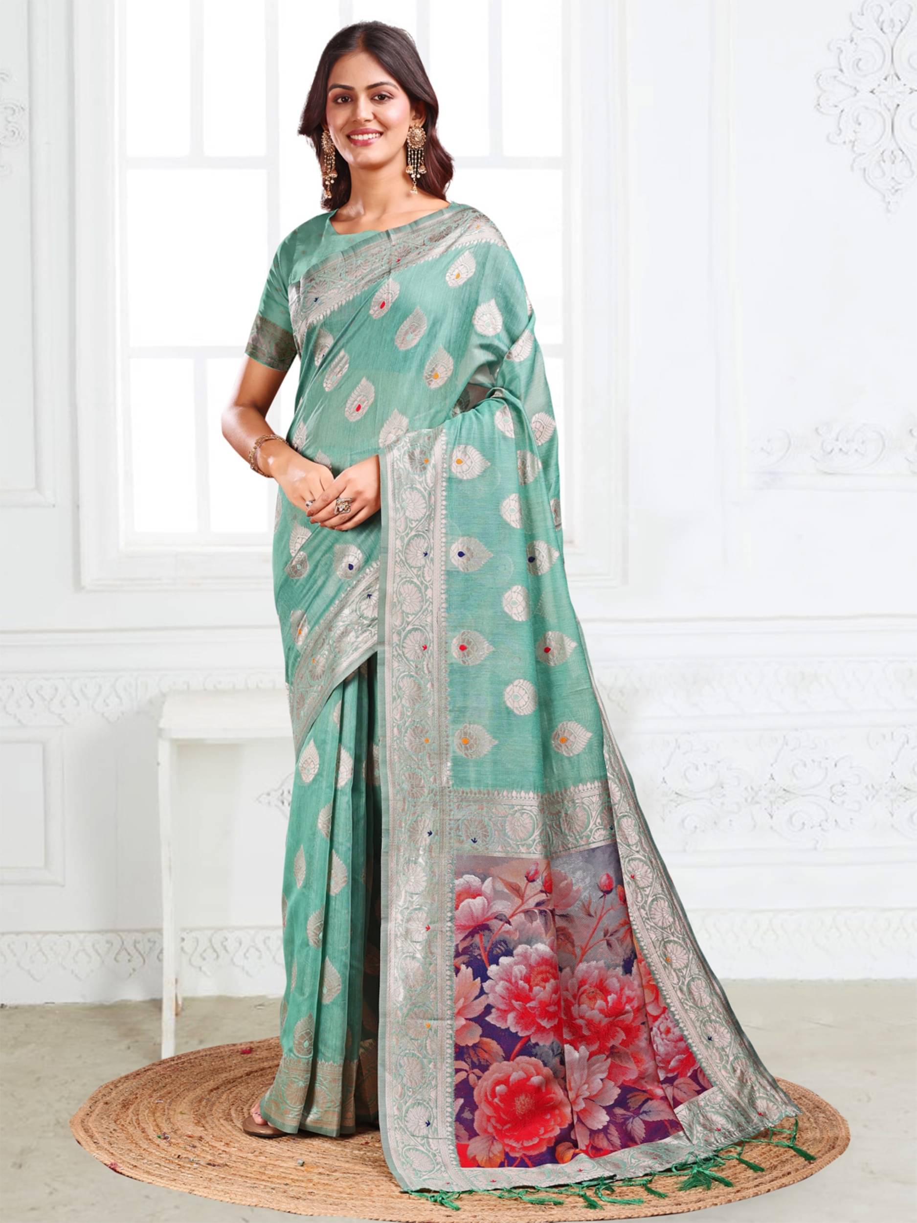     			Panbai sarees Cotton Solid Regular Saree Without Blouse Piece ( Sea Green )