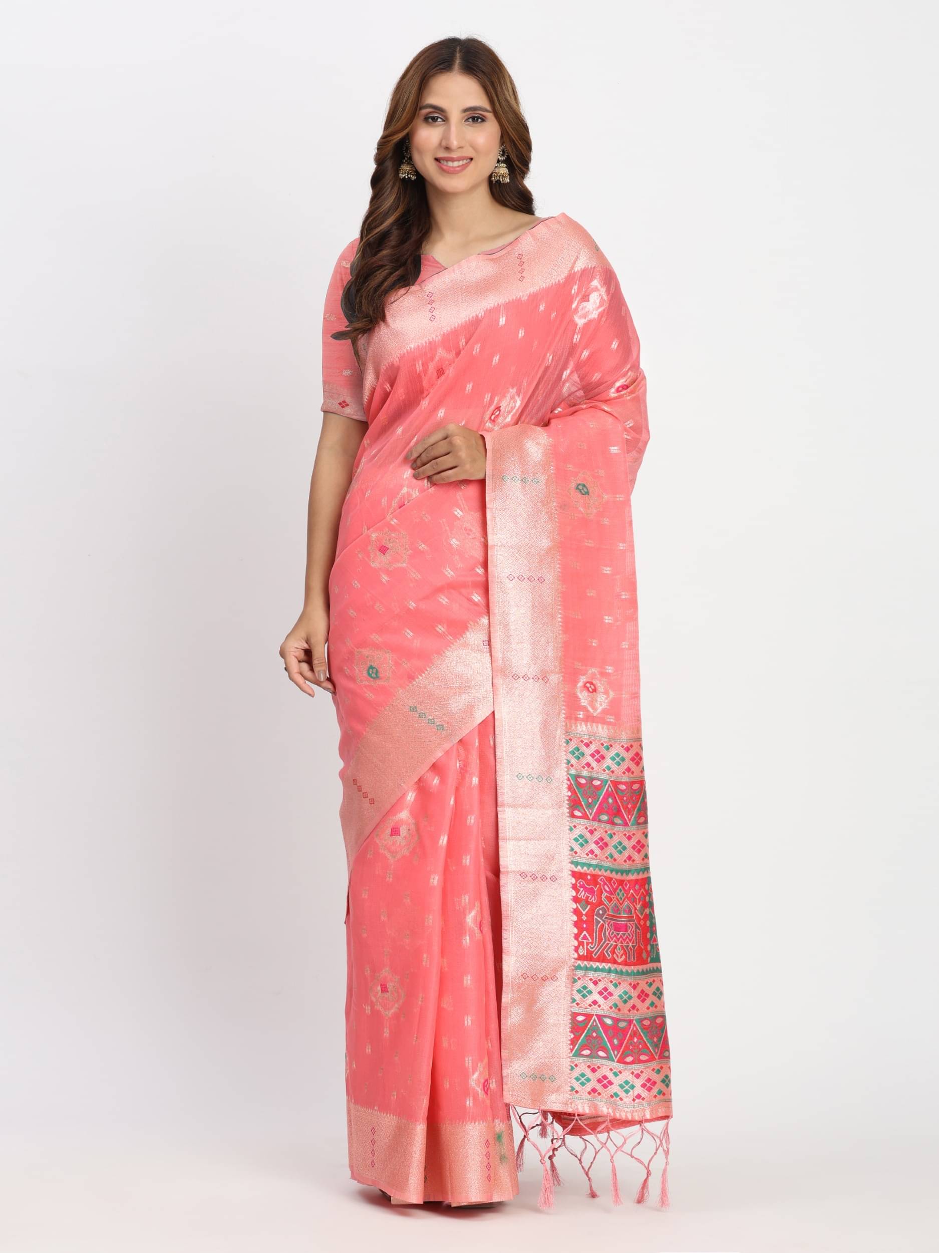     			Panbai sarees Cotton Solid Regular Saree Without Blouse Piece ( Peach )