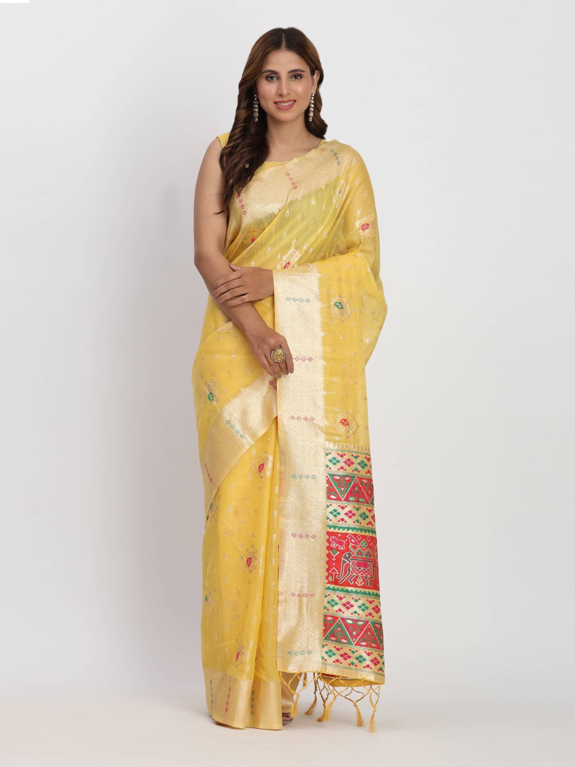     			Panbai sarees Cotton Solid Regular Saree Without Blouse Piece ( Yellow )
