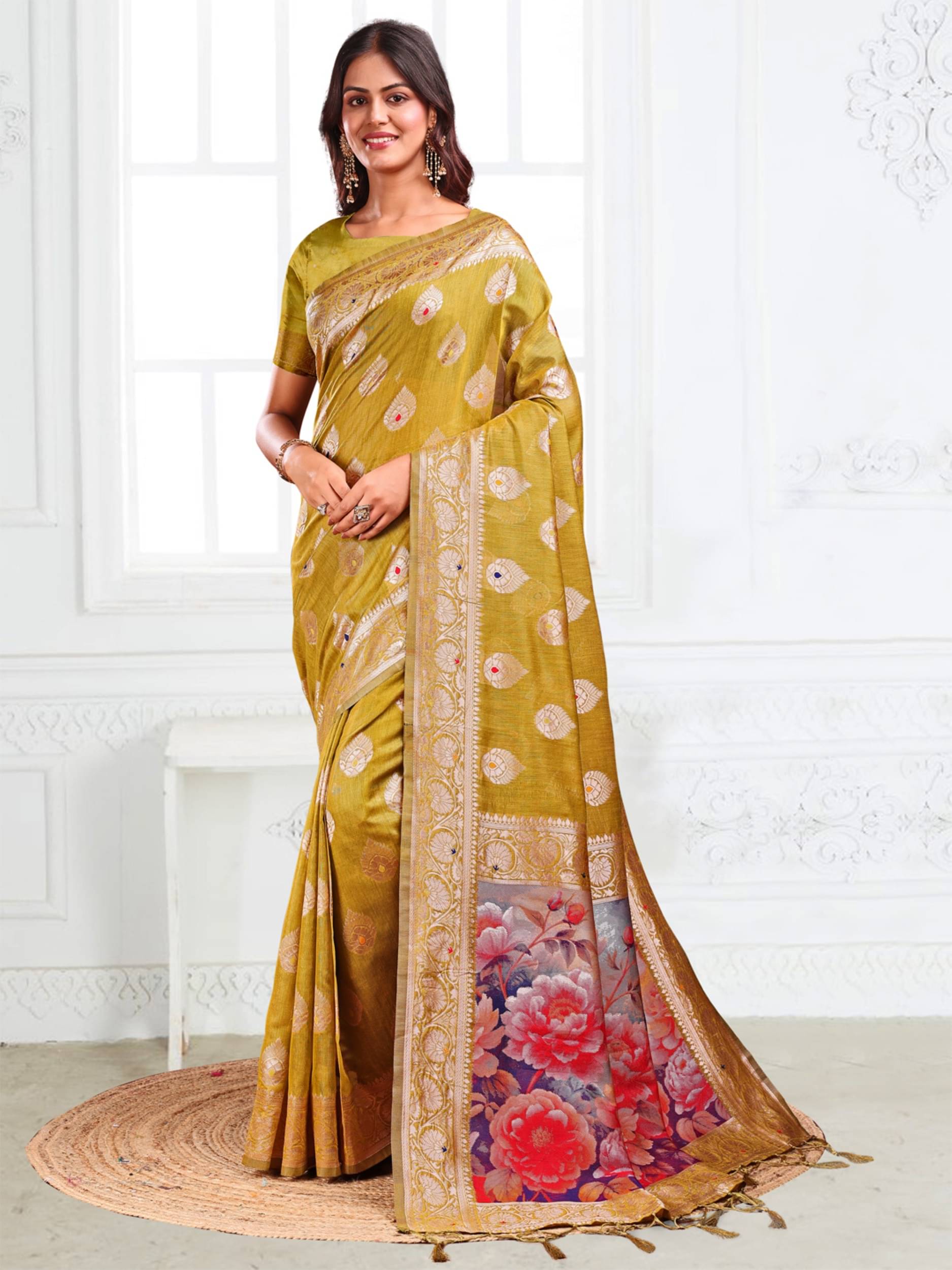     			Panbai sarees Cotton Solid Regular Saree Without Blouse Piece ( Mustard )