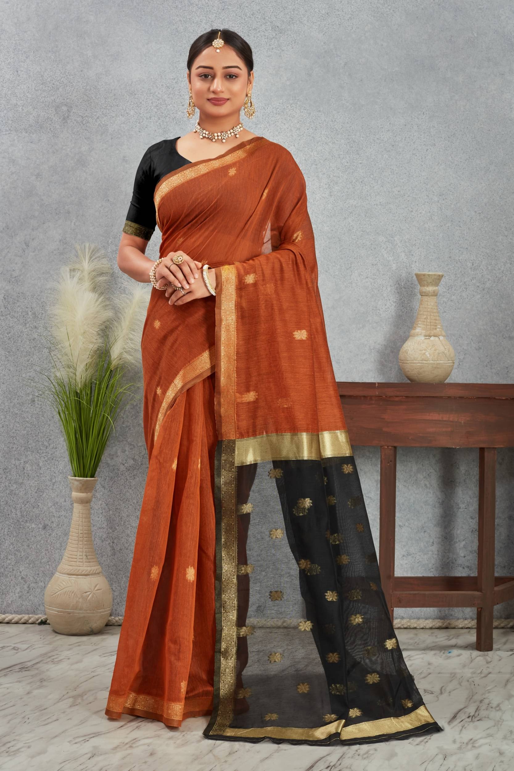     			Panbai sarees Cotton Solid Regular Saree Without Blouse Piece ( Rust )