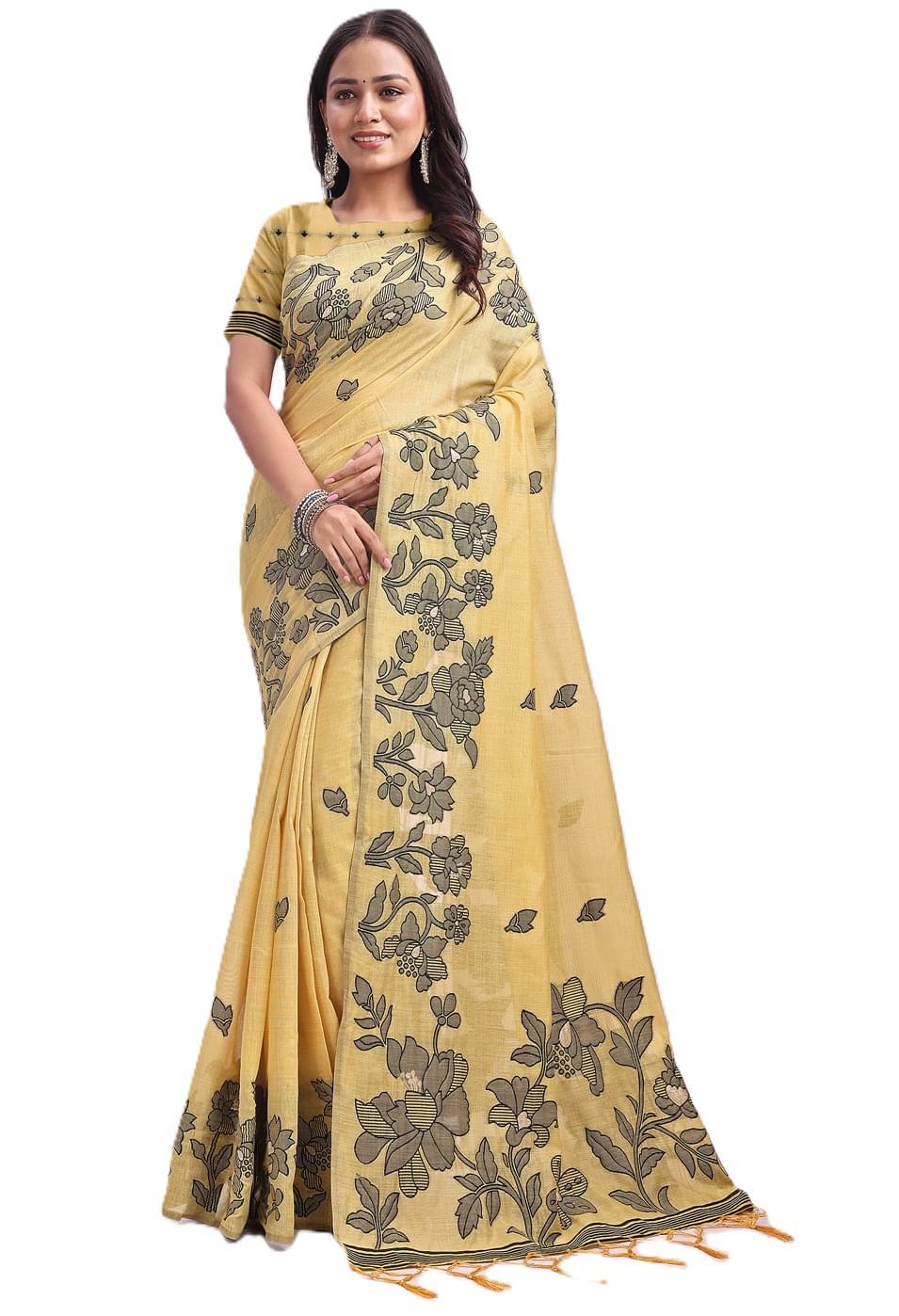     			Panbai sarees Linen Solid Regular Saree Without Blouse Piece ( Yellow )