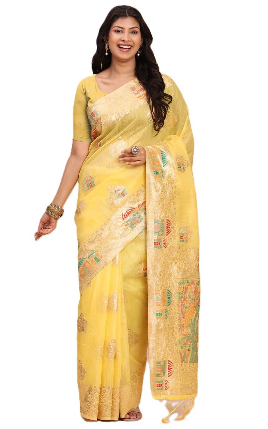     			Panbai sarees Linen Solid Regular Saree With Unstitched Blouse Piece ( Yellow )
