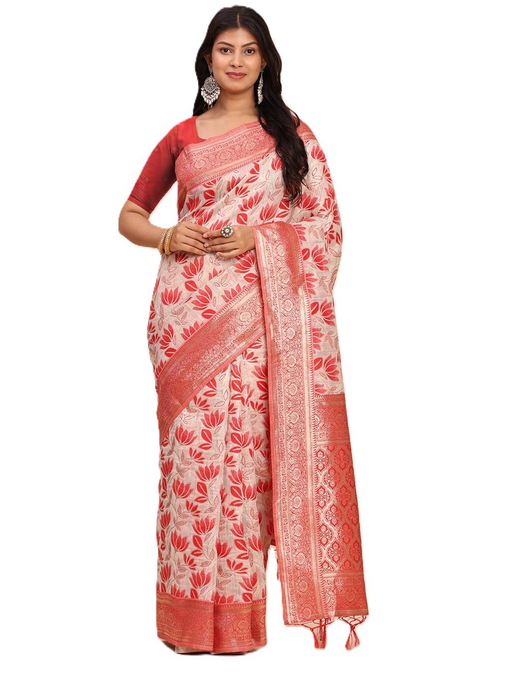     			Panbai sarees Linen Solid Regular Saree With Unstitched Blouse Piece ( Red )