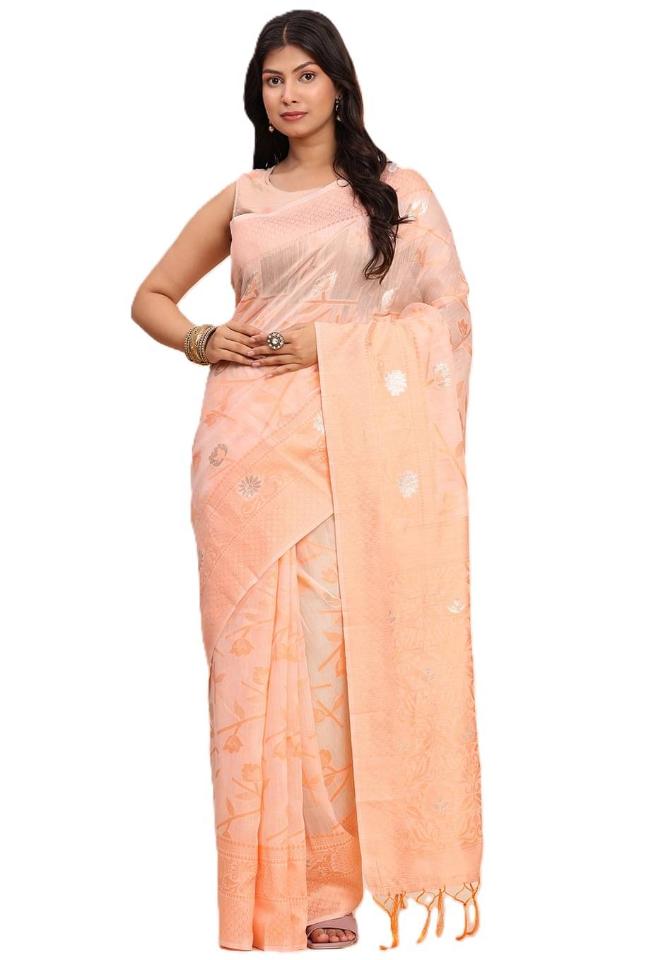     			Panbai sarees Linen Solid Regular Saree With Unstitched Blouse Piece ( Peach )