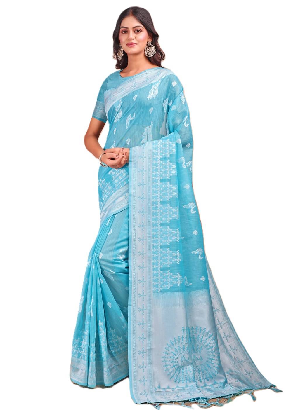 Panbai sarees Linen Solid Regular Saree Without Blouse Piece ( Blue )     			Panbai sarees Linen Solid Regular Saree Without Blouse Piece ( Blue )
