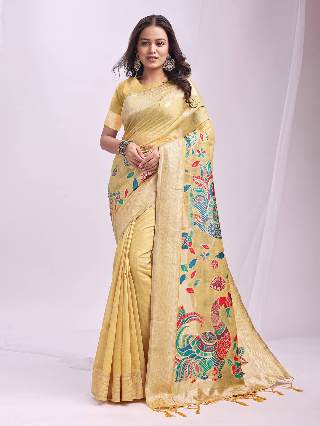     			Panbai sarees Linen Solid Regular Saree Without Blouse Piece ( Yellow )