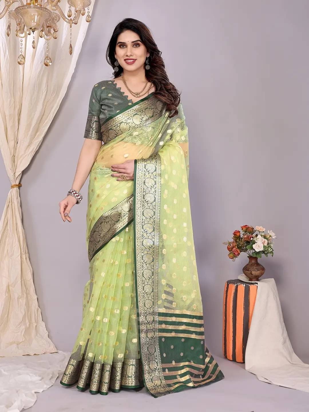    			Panbai sarees Organza Solid Regular Saree Without Blouse Piece ( Lime Green )