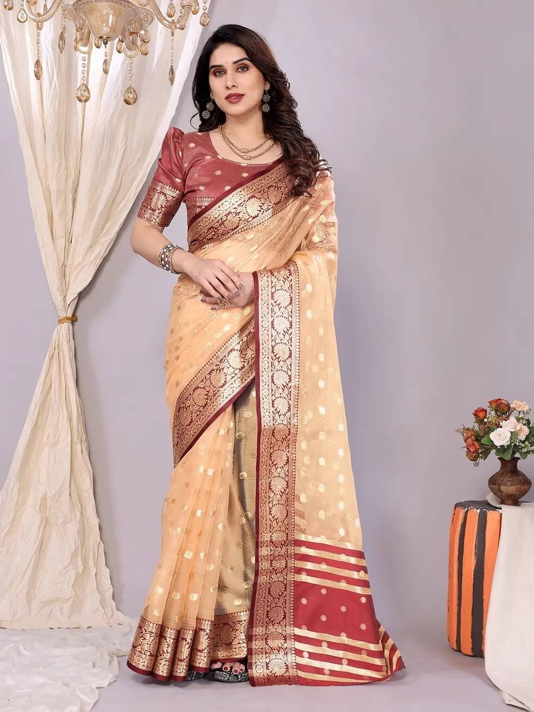     			Panbai sarees Organza Solid Regular Saree Without Blouse Piece ( Peach )
