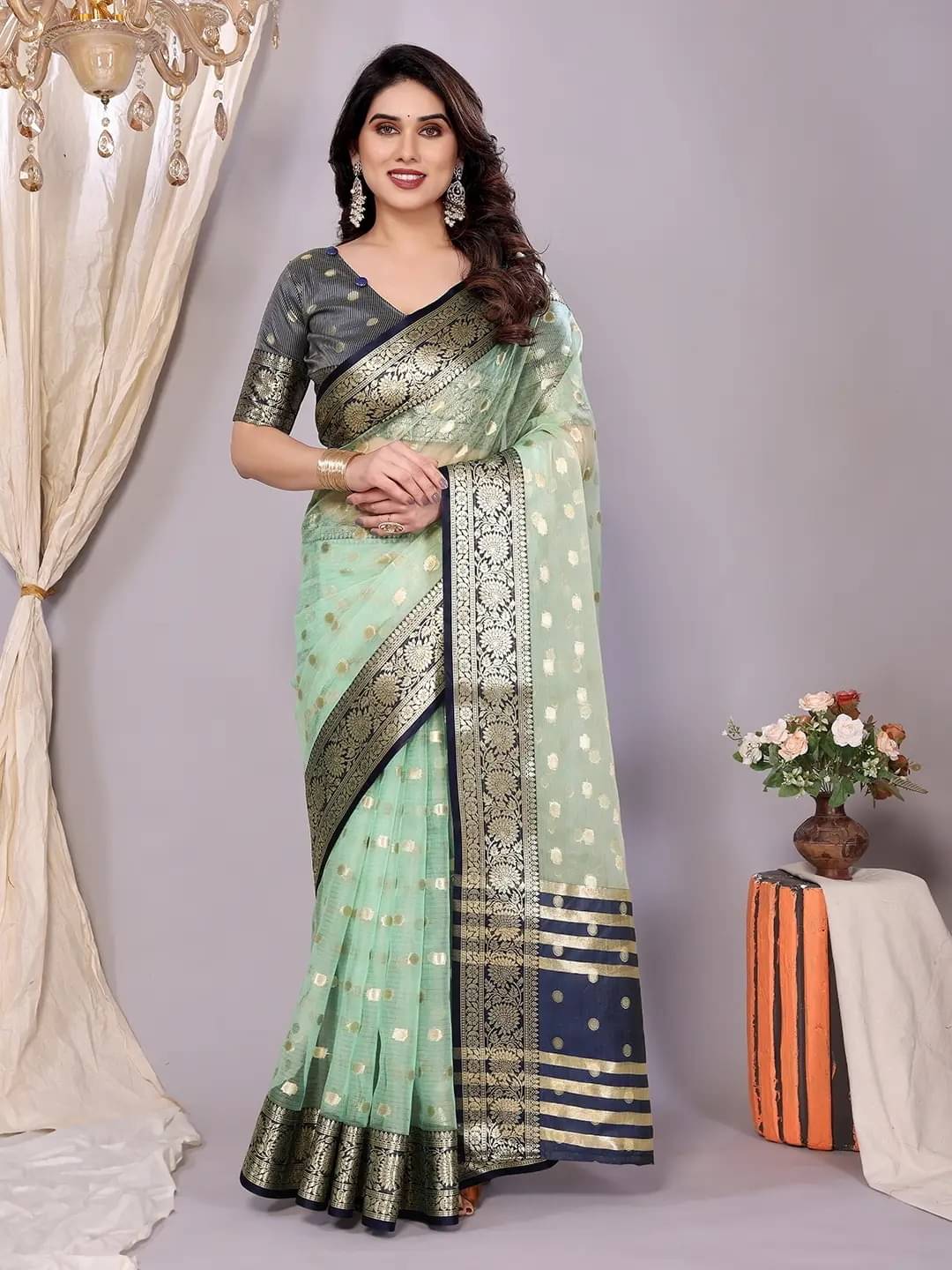     			Panbai sarees Organza Solid Regular Saree Without Blouse Piece ( Blue )