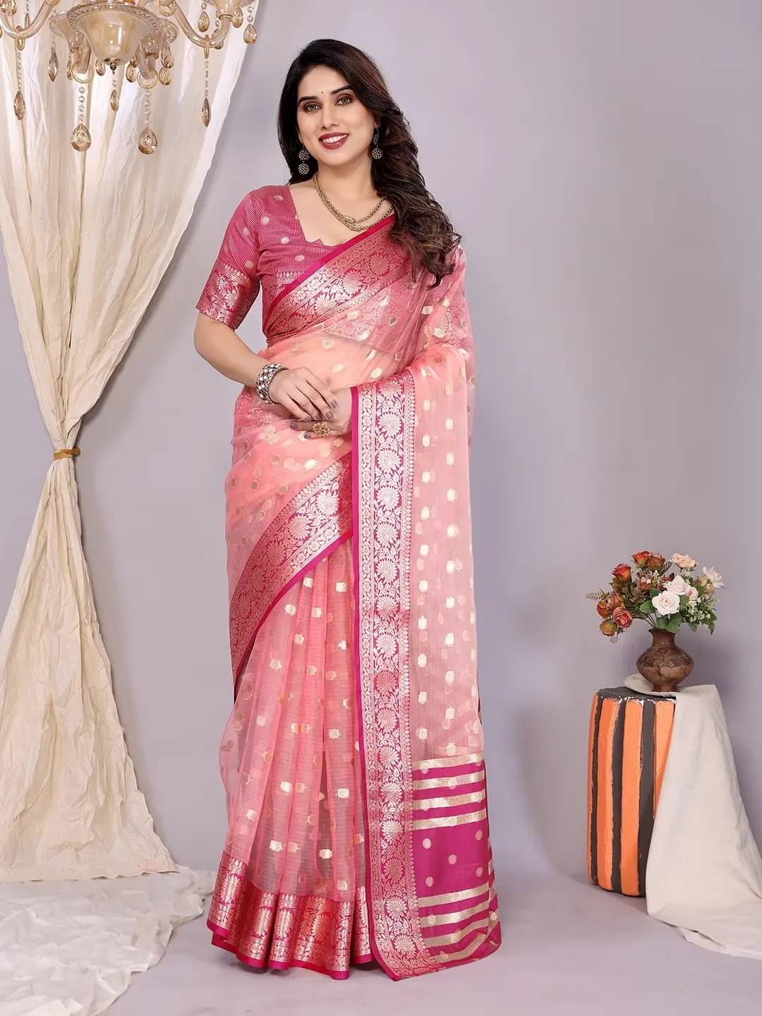     			Panbai sarees Organza Solid Regular Saree Without Blouse Piece ( Pink )