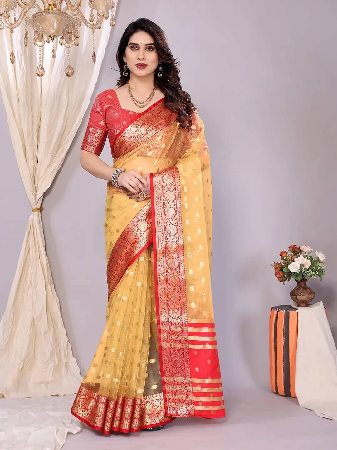     			Panbai sarees Organza Solid Regular Saree Without Blouse Piece ( Mustard )