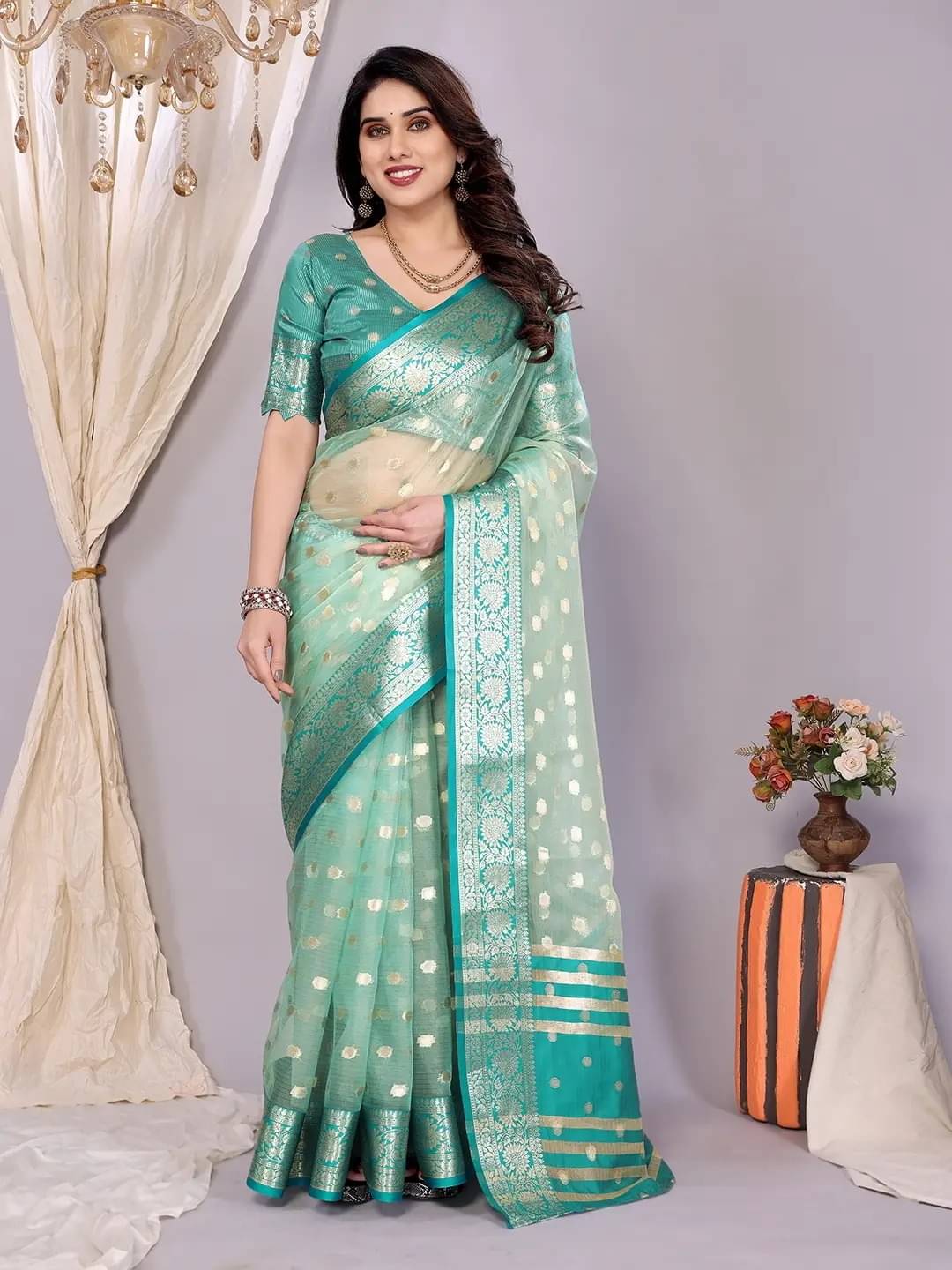     			Panbai sarees Organza Solid Regular Saree Without Blouse Piece ( Teal )