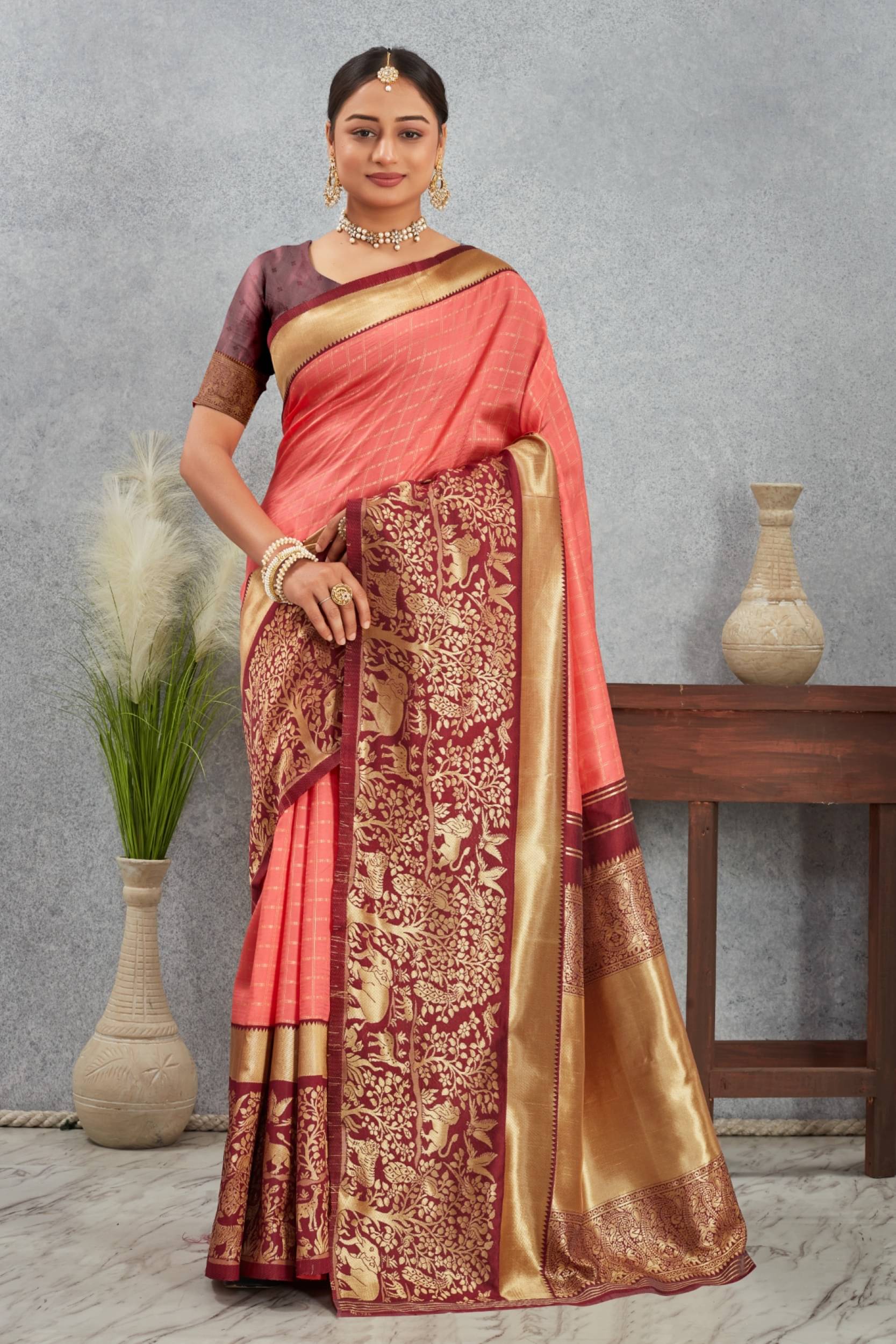     			Panbai sarees Silk Solid Regular Saree Without Blouse Piece ( Peach )