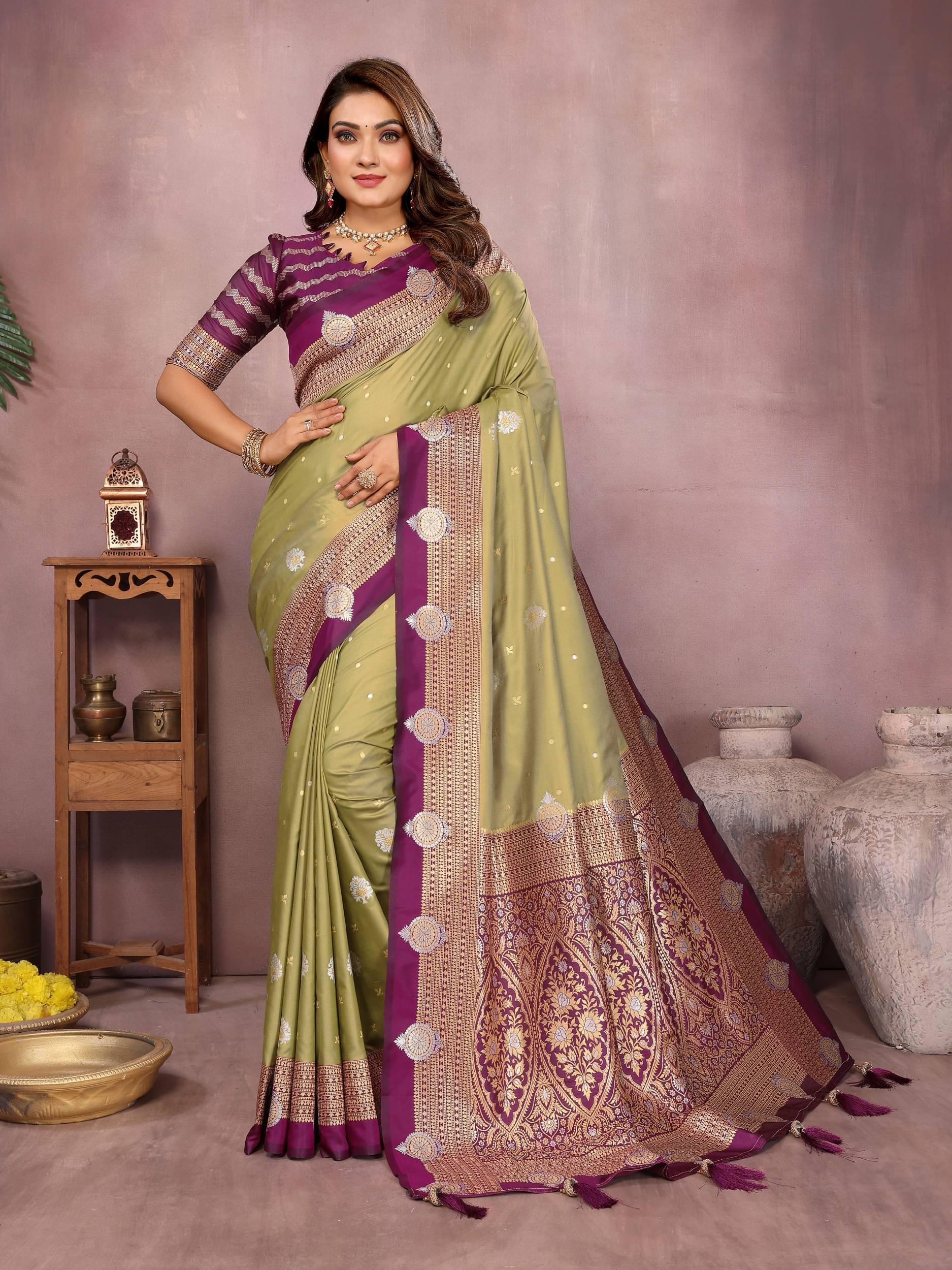     			Panbai sarees Silk Solid Regular Saree Without Blouse Piece ( Olive )