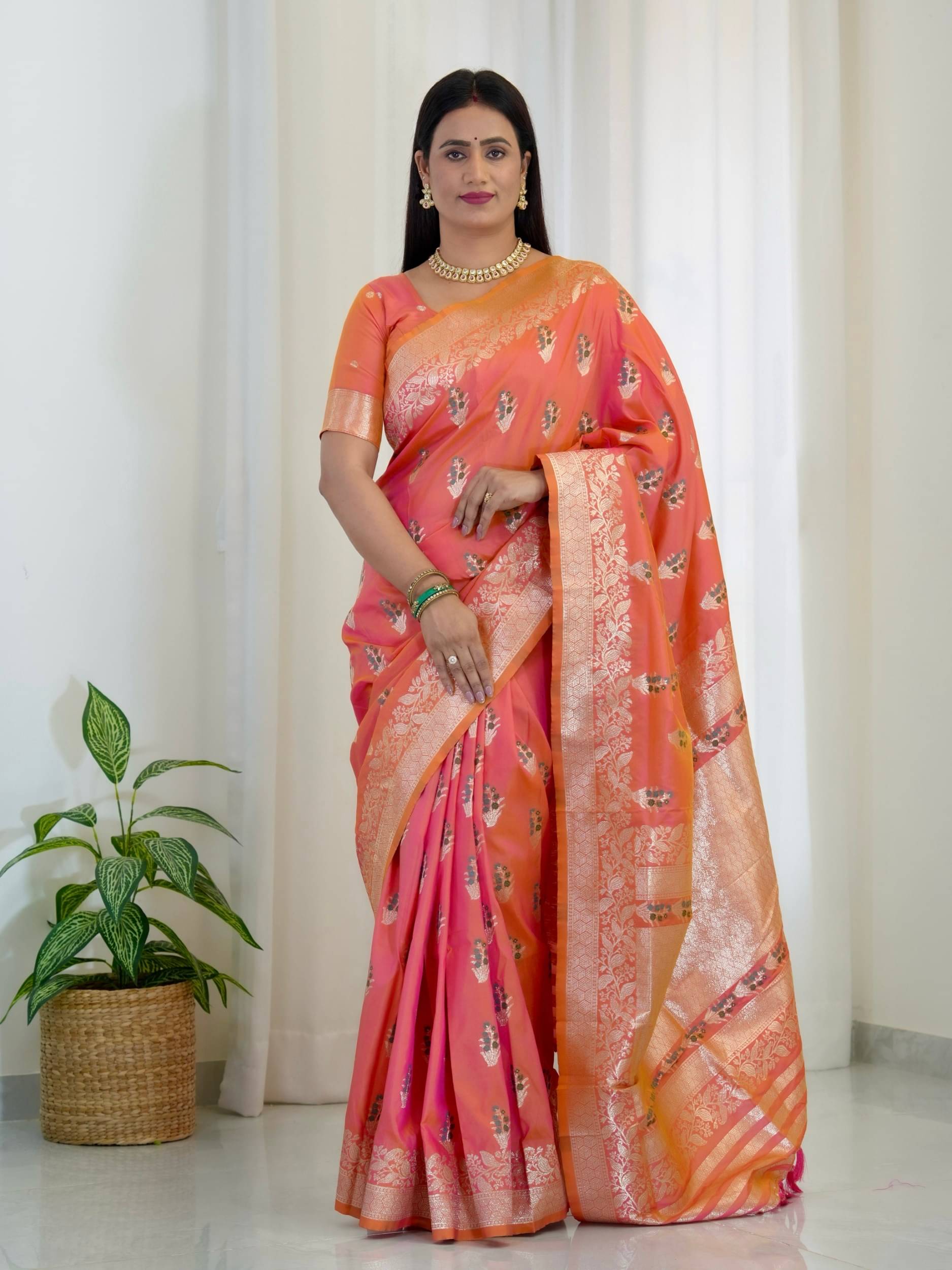     			Panbai sarees Silk Solid Regular Saree Without Blouse Piece ( Peach )