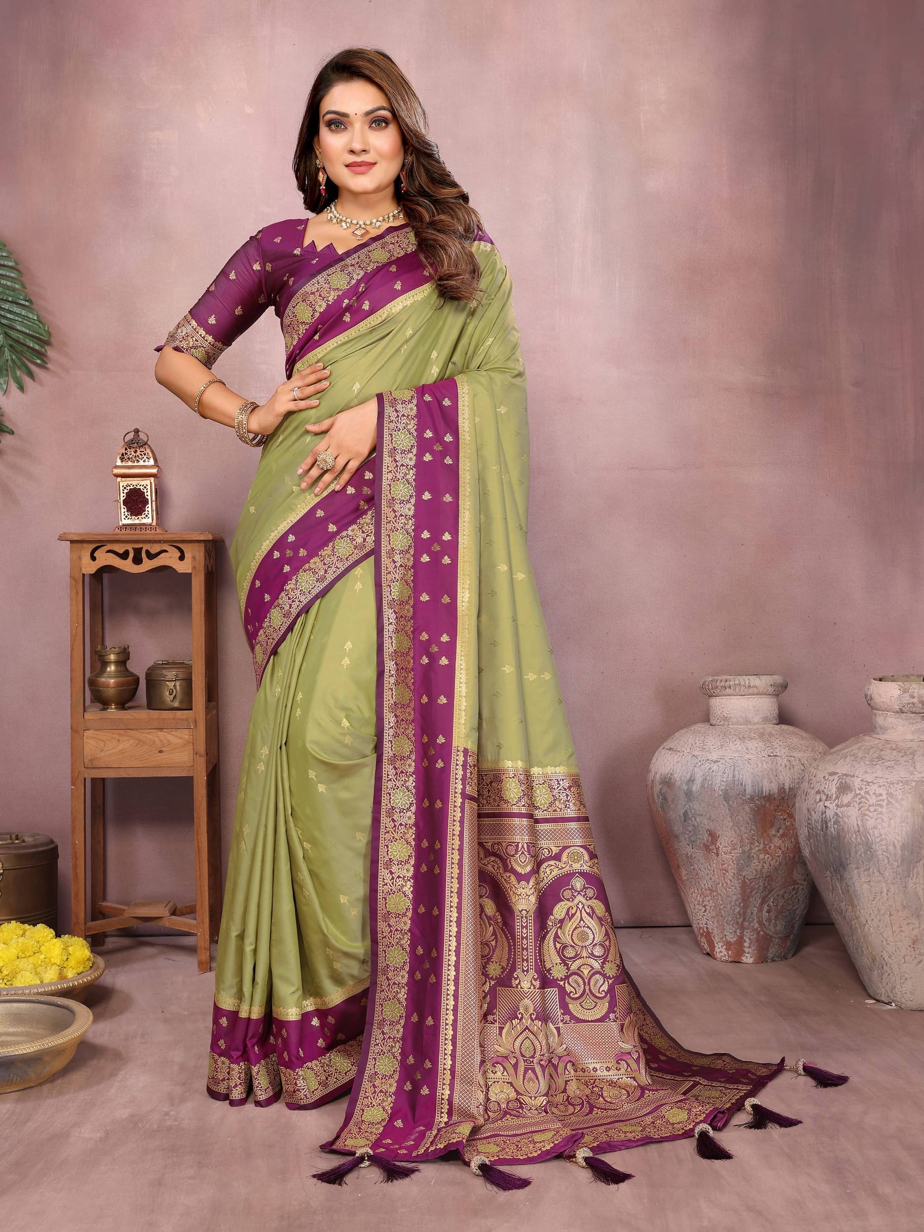     			Panbai sarees Silk Solid Regular Saree Without Blouse Piece ( Olive )
