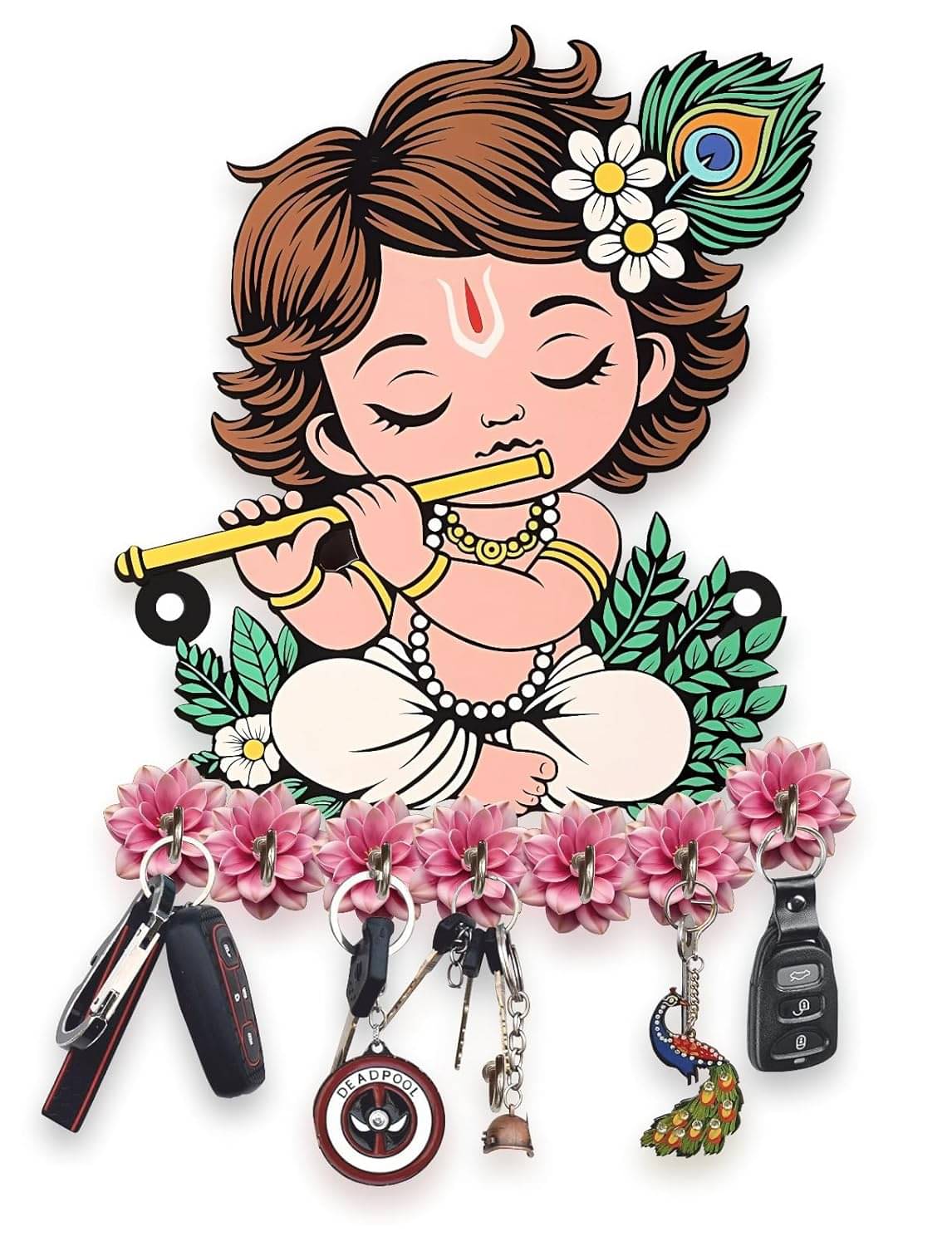     			Premium Wooden Key Holder for Home/Office Decor/Key Hanger for Wall Decor,Decorative Item for Home (Cute Krishna)