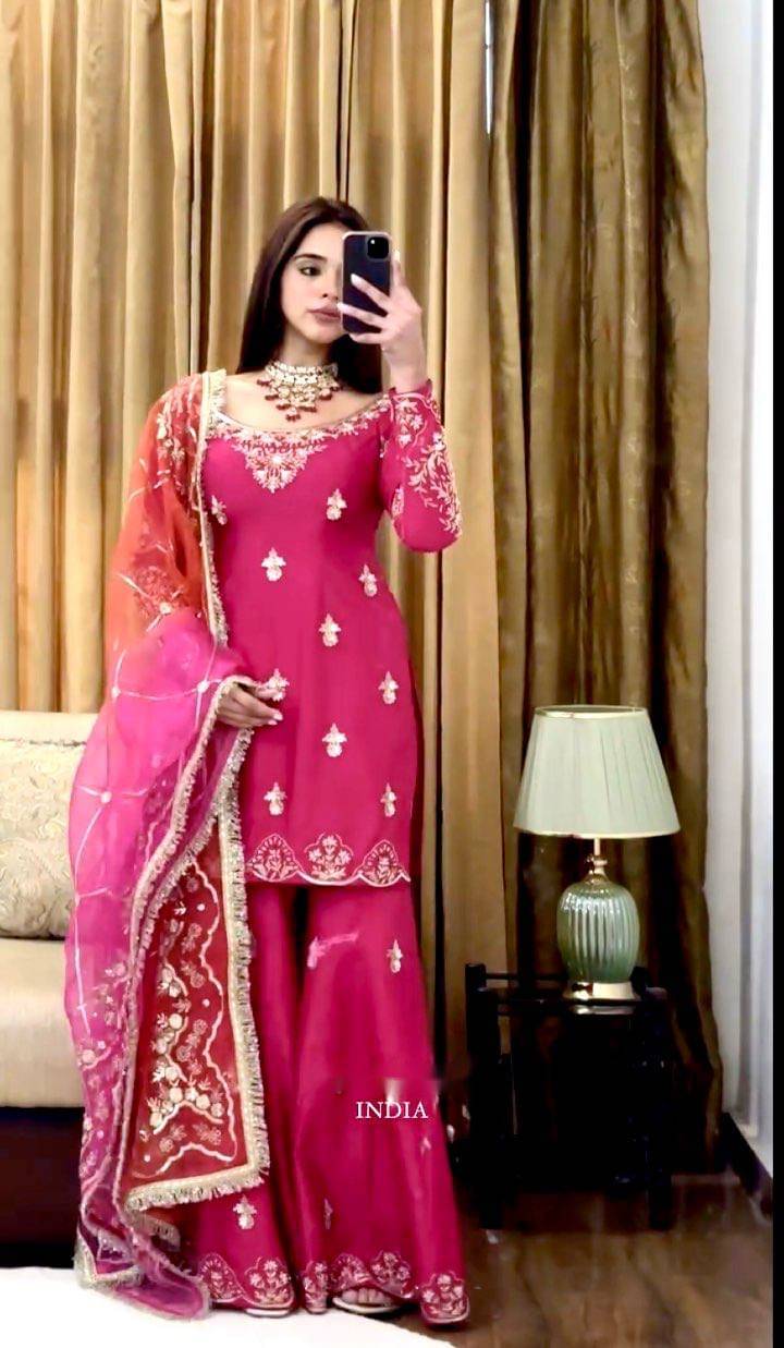 THE PRIVATE LABLE Women Chiffon Embroidered Straight Kurti With Sharara And Gharara ( Pink ) THE PRIVATE LABLE Women Chiffon Embroidered Straight Kurti With Sharara And Gharara ( Pink )