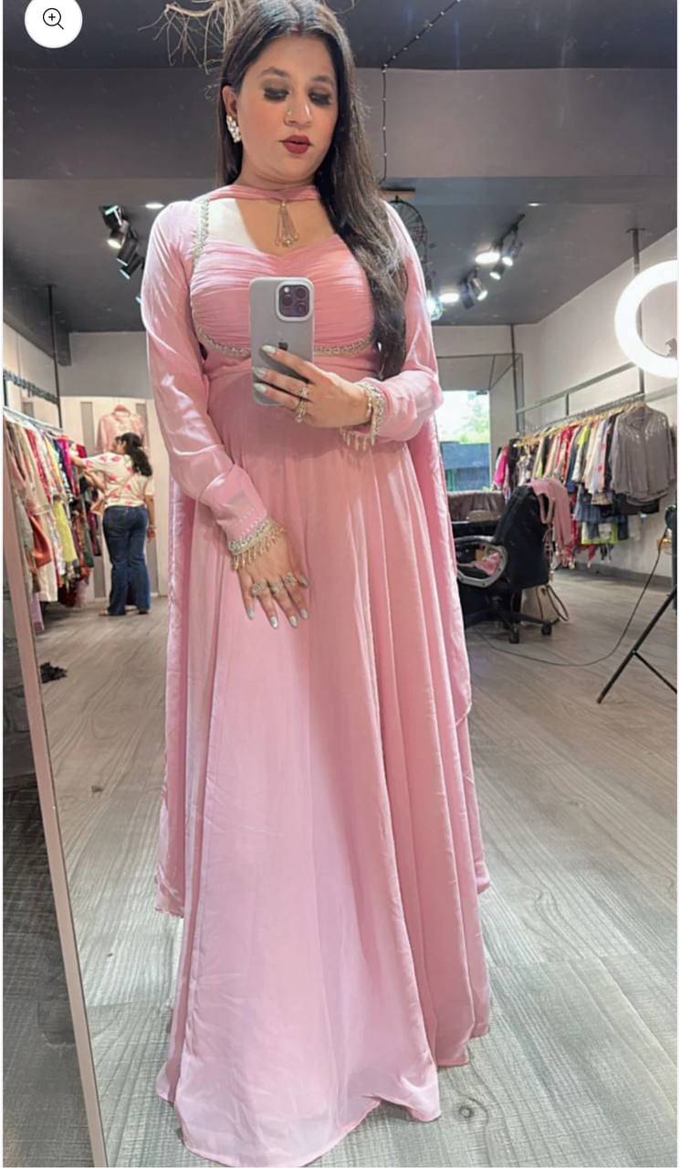 THE PRIVATE LABLE Women Georgette Embroidered Anarkali Kurti With Pants ( Pink ) THE PRIVATE LABLE Women Georgette Embroidered Anarkali Kurti With Pants ( Pink )