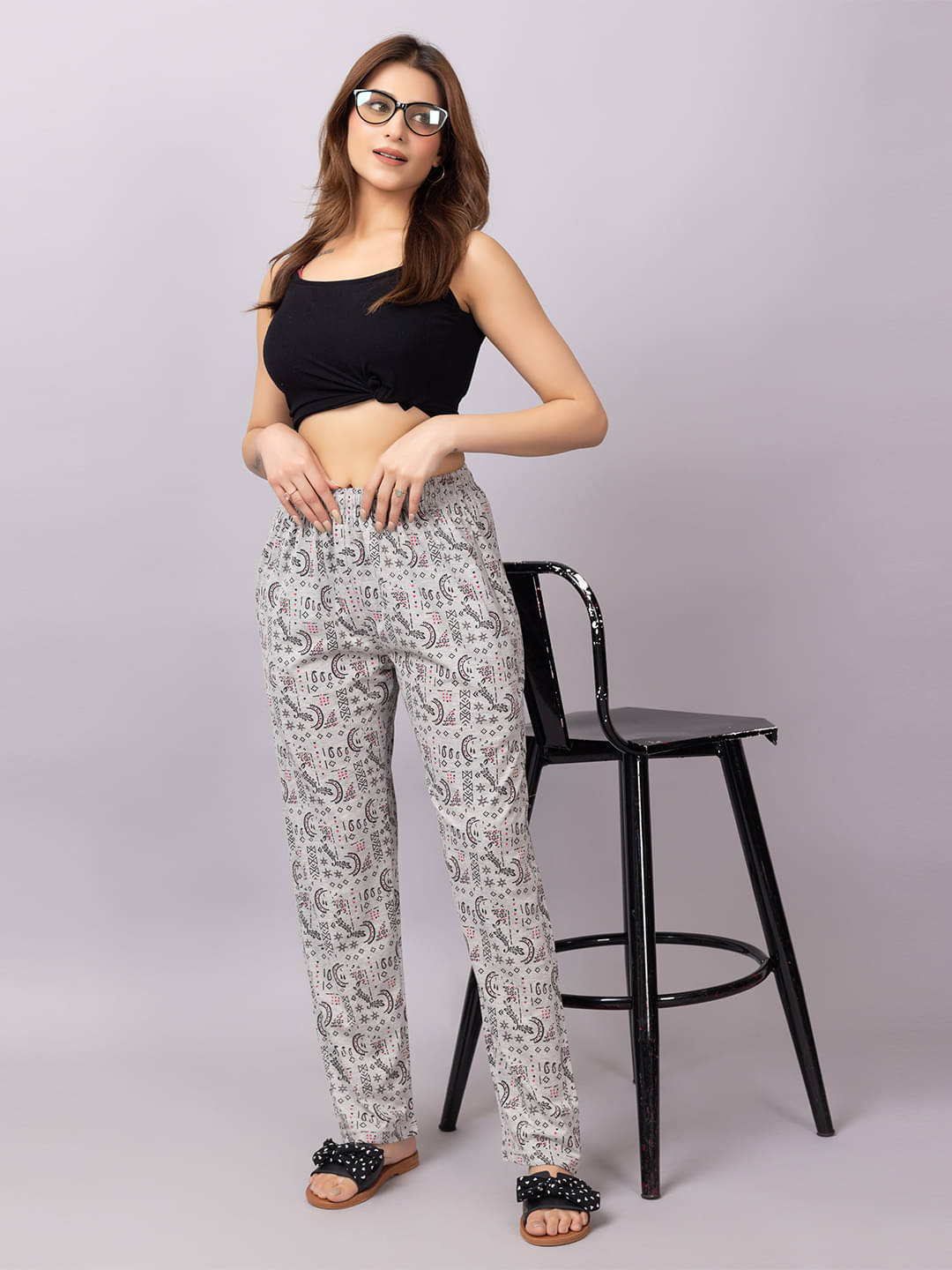     			Xenios Cotton Blend Printed Women Pyjama ( Grey )