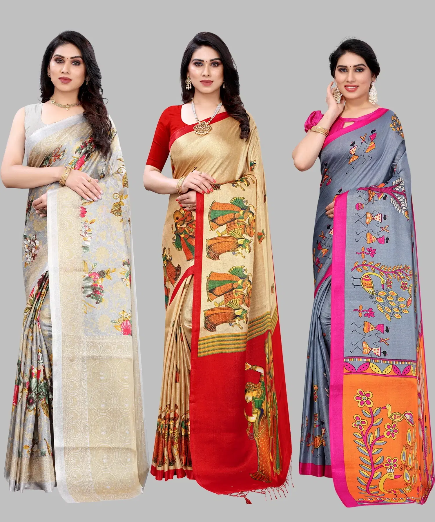 Yashika Art Silk Printed Regular Saree With Unstitched Blouse Piece ( Grey ) Yashika Art Silk Printed Regular Saree With Unstitched Blouse Piece ( Grey )