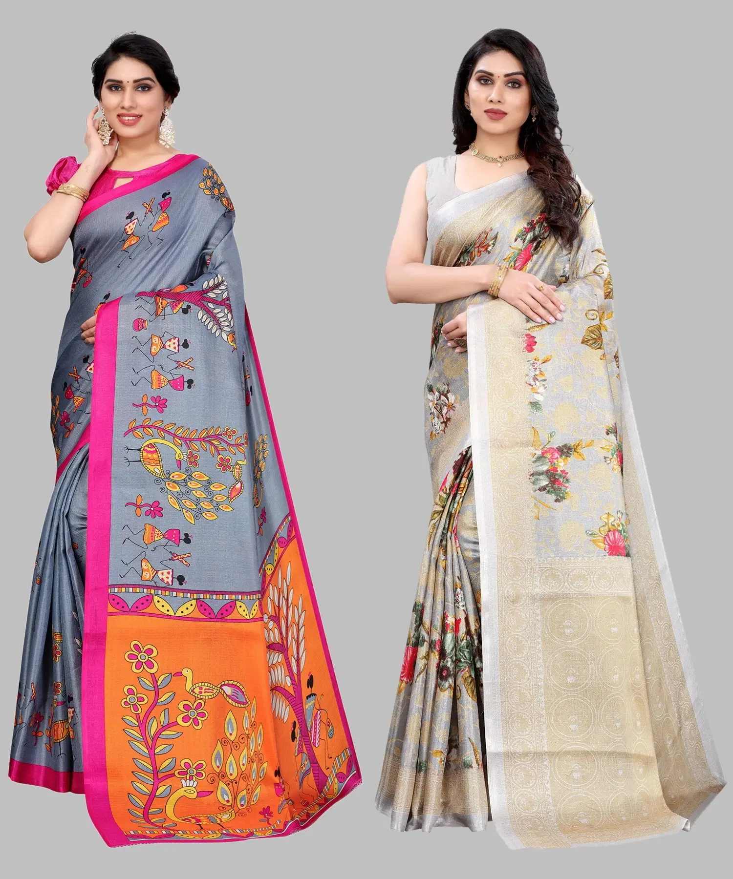Yashika Art Silk Printed Regular Saree With Unstitched Blouse Piece ( Grey ) Yashika Art Silk Printed Regular Saree With Unstitched Blouse Piece ( Grey )