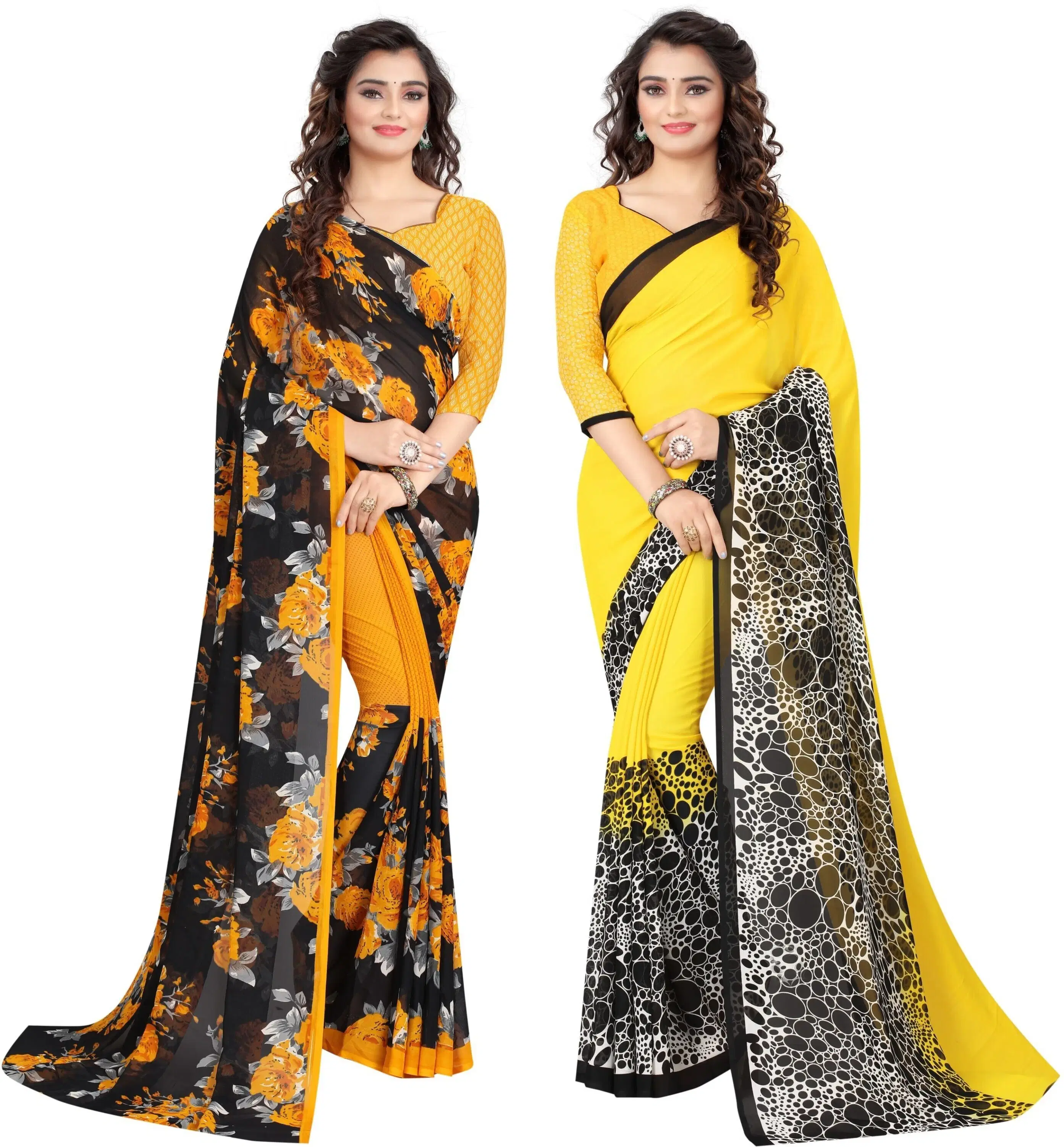     			Yashika Georgette Printed Regular Saree With Unstitched Blouse Piece ( Yellow )
