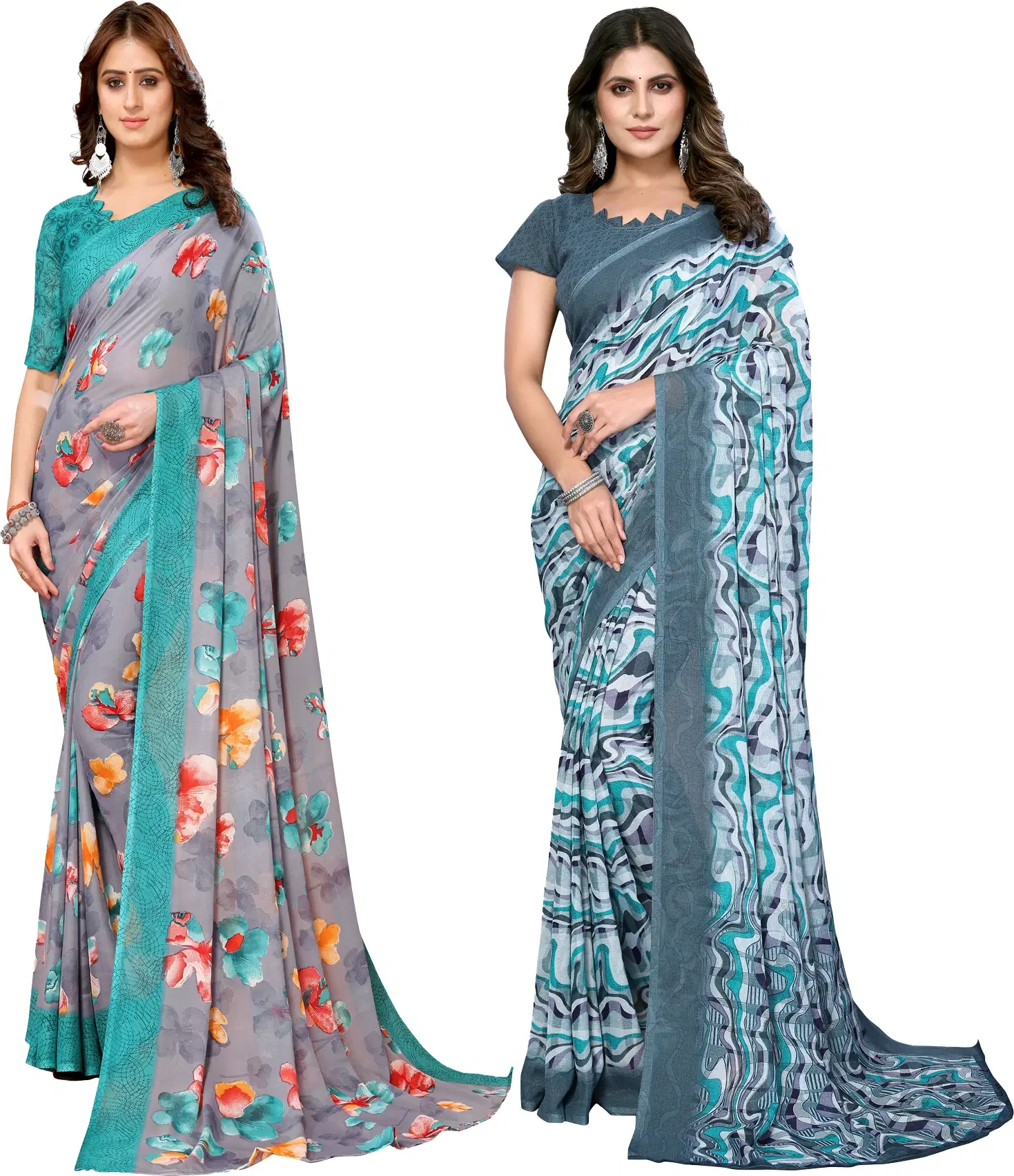     			Yashika Georgette Printed Regular Saree With Unstitched Blouse Piece ( Blue )