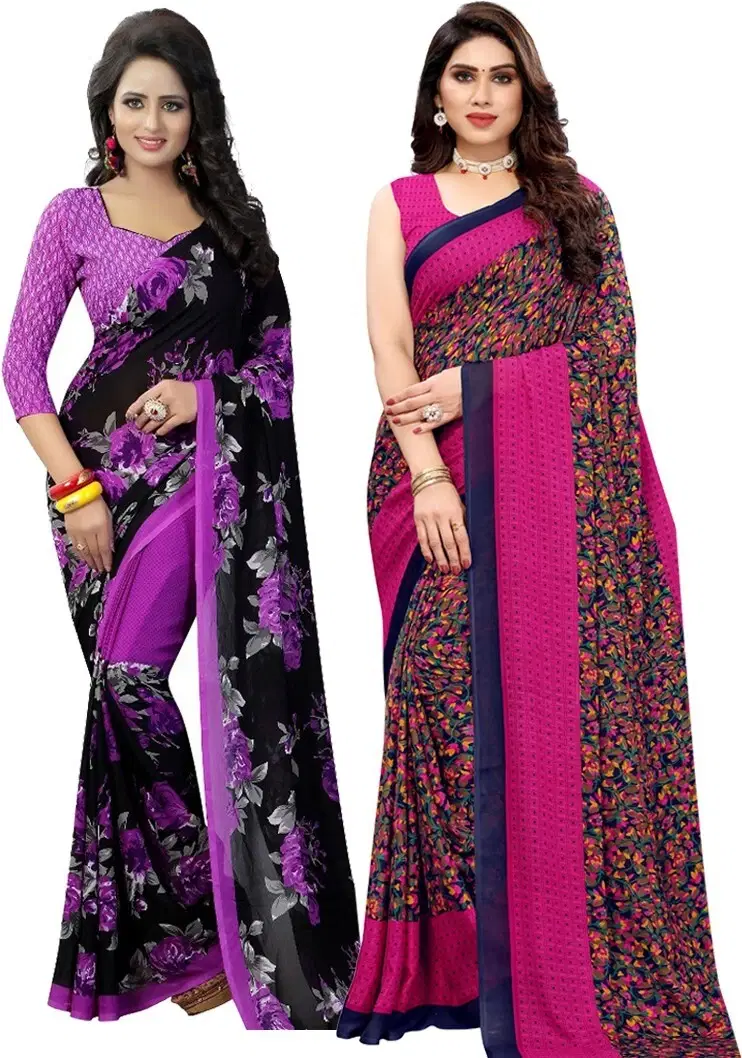 Yashika Georgette Printed Regular Saree With Unstitched Blouse Piece ( Navy Blue ) Yashika Georgette Printed Regular Saree With Unstitched Blouse Piece ( Navy Blue )