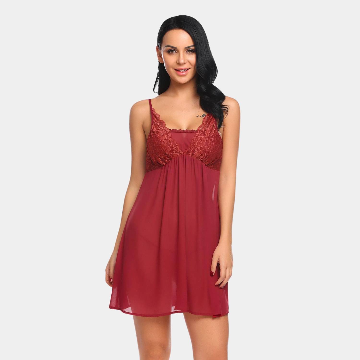    			Zerjama Maroon Net Women Baby Doll Dress With Panty