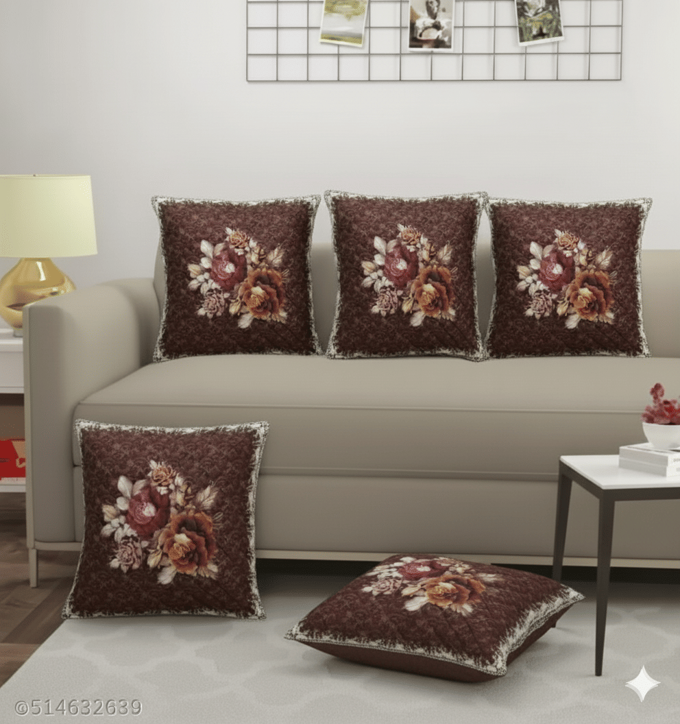     			choice first hub Set of 5 Velvet Floral Square Cushion Cover (40X40)cm - Brown