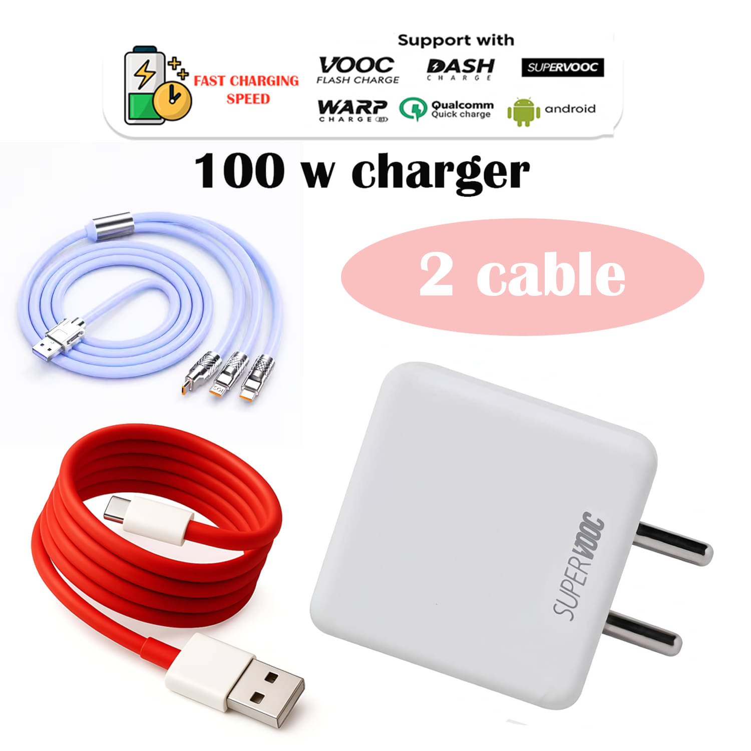     			100W Fast Charger with 2 Cables | Red USB to Type-C & 3-in-1 Multi Charging Cable | Quick Charge Adapter for Smartphones,