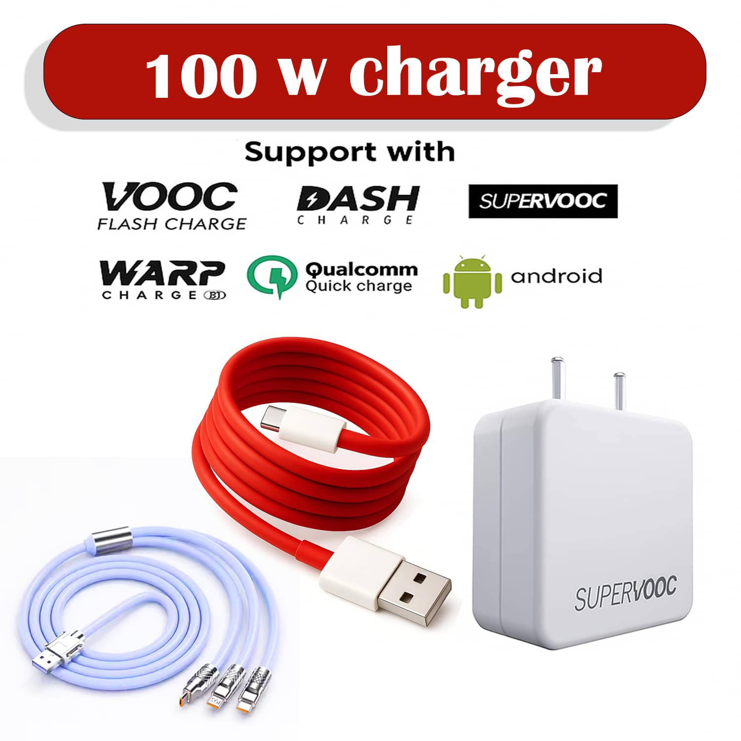     			100W Fast Charger with 2 Cables | Red USB to Type-C & 3-in-1 Multi Charging Cable | Quick Charge Adapter for Smartphones,
