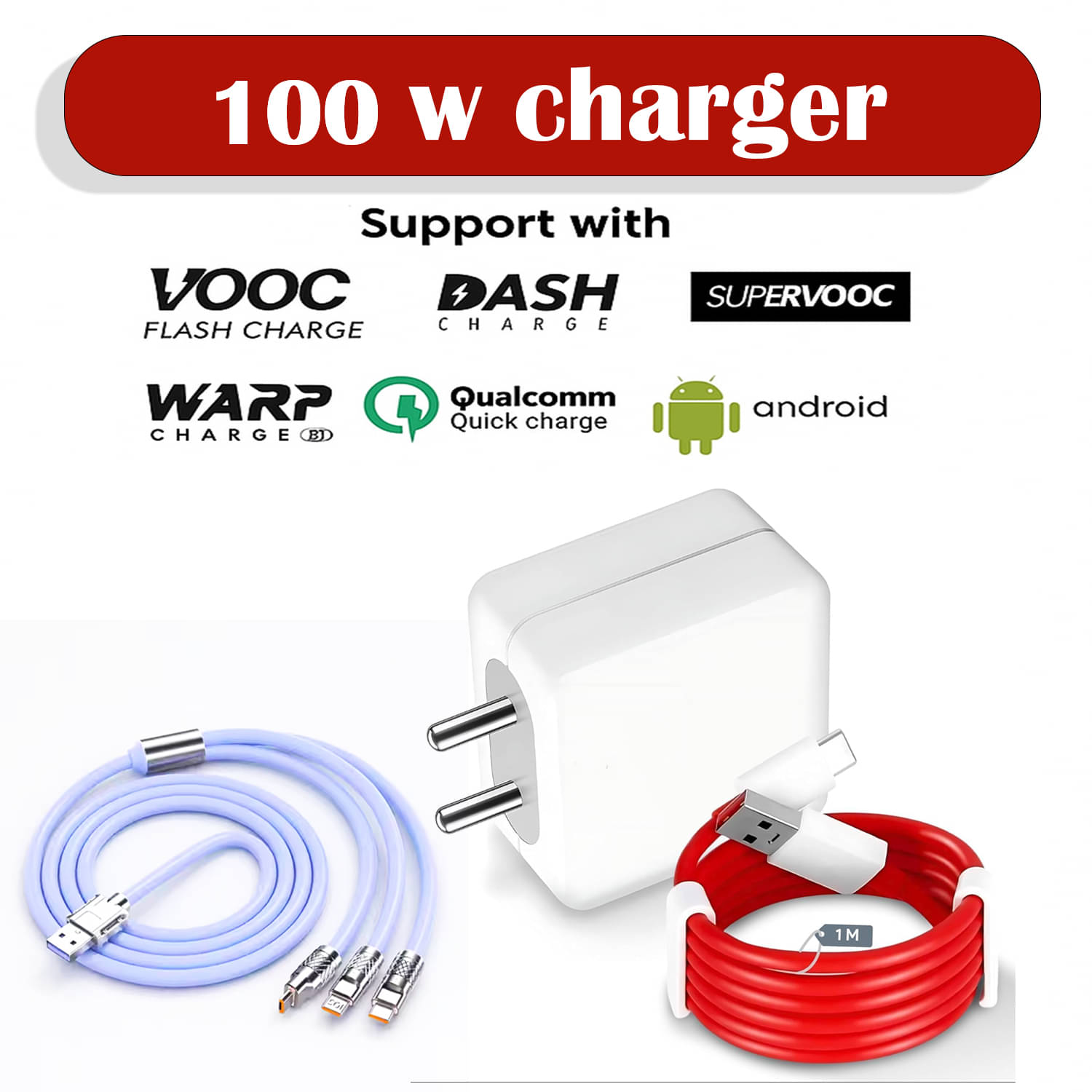     			100W Fast Charger with 2 Cables | Red USB to Type-C & 3-in-1 Multi Charging Cable | Quick Charge Adapter for Smartphones,