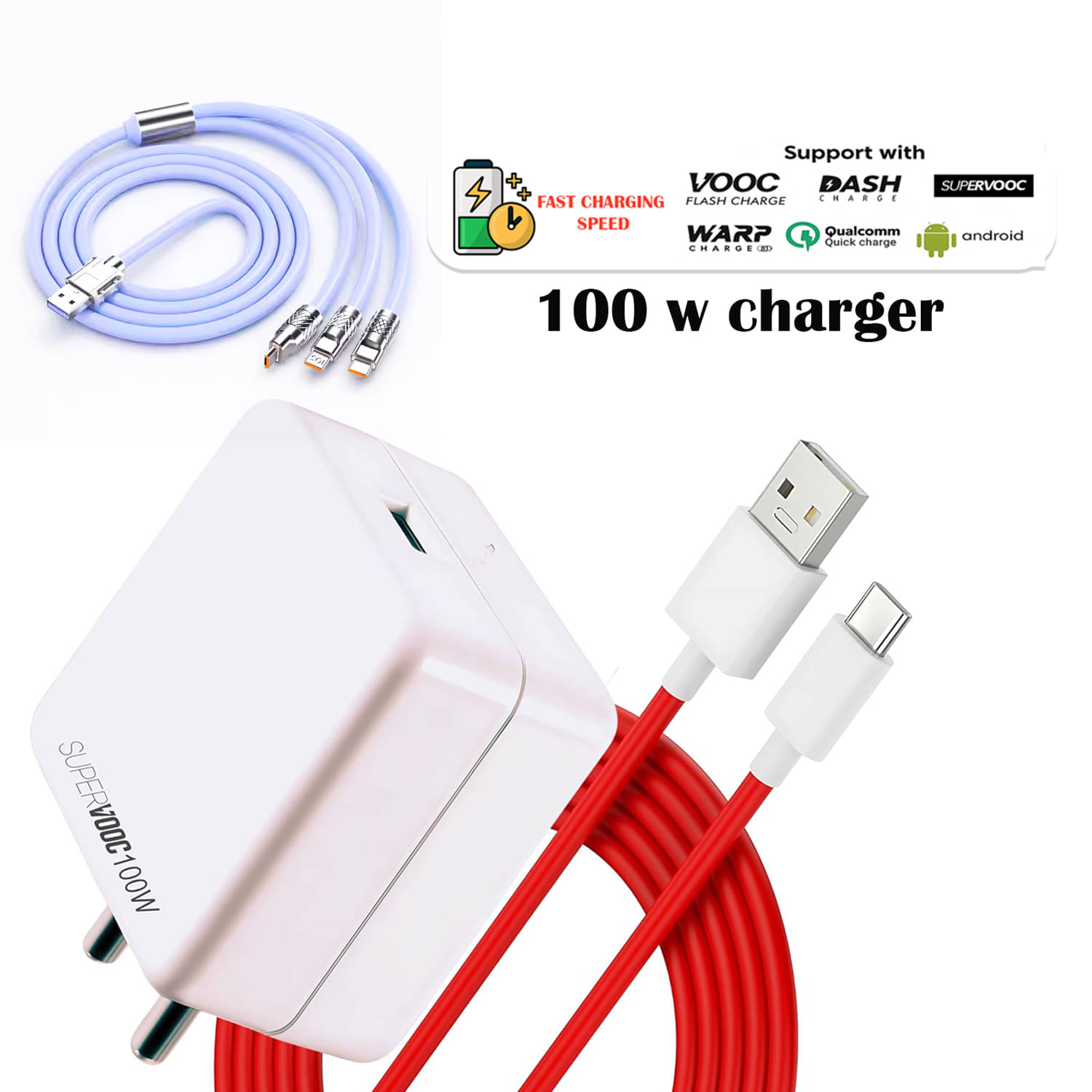     			100W Fast Charger with 2 Cables | Red USB to Type-C & 3-in-1 Multi Charging Cable | Quick Charge Adapter for Smartphones,