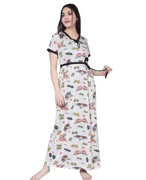     			ANSH Collections Cotton Blend Printed Women Regular Nighty ( White )
