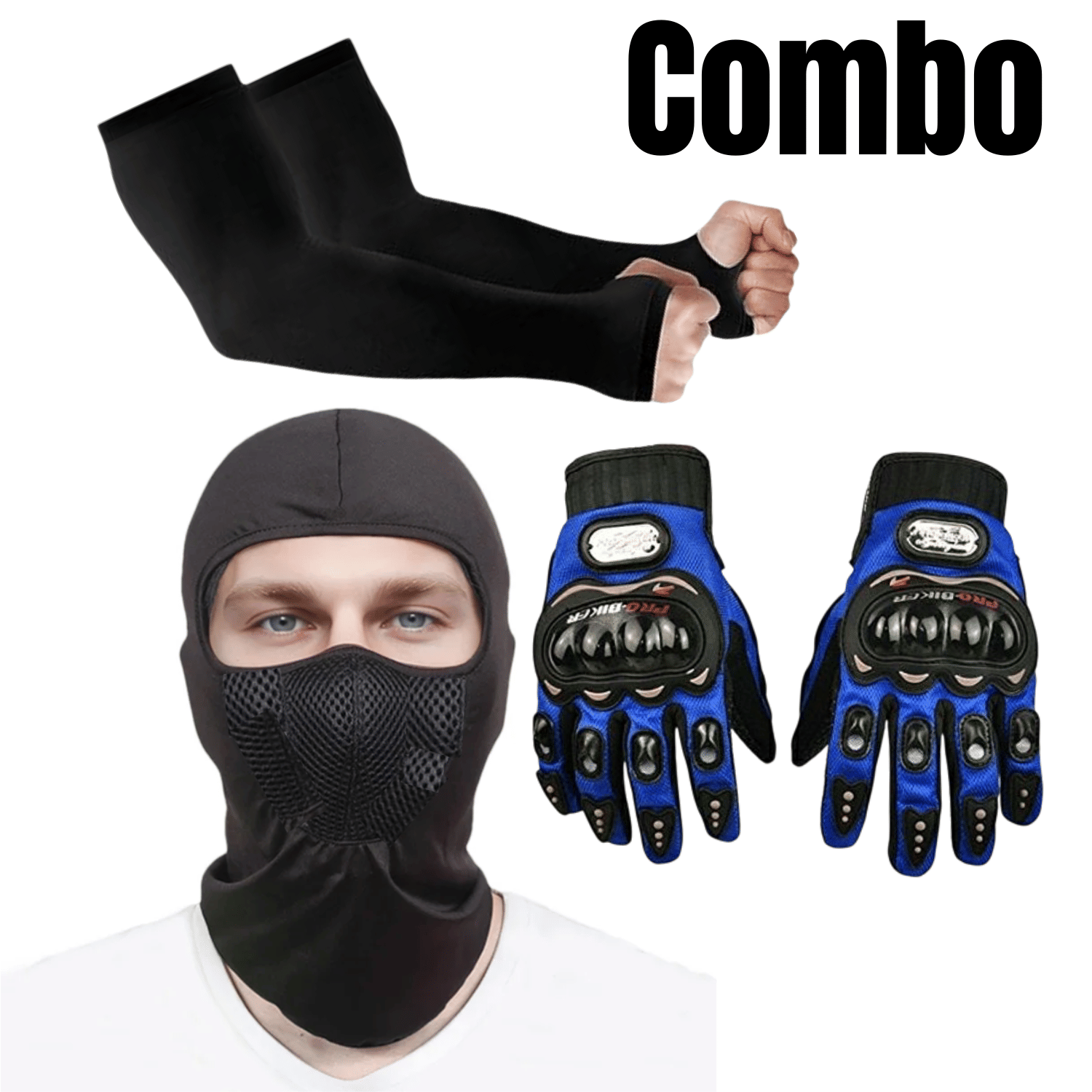     			Aksmit ( Pack Of - 3 ) Bike Riding Washable Dust Protection Sun Protection UV Men & Women Cycling Cricket & Running  Full Cover Face Mask , Arm Sleeve Unisex Sports , Full Finger Bike Riding Gloves with Touch Screen